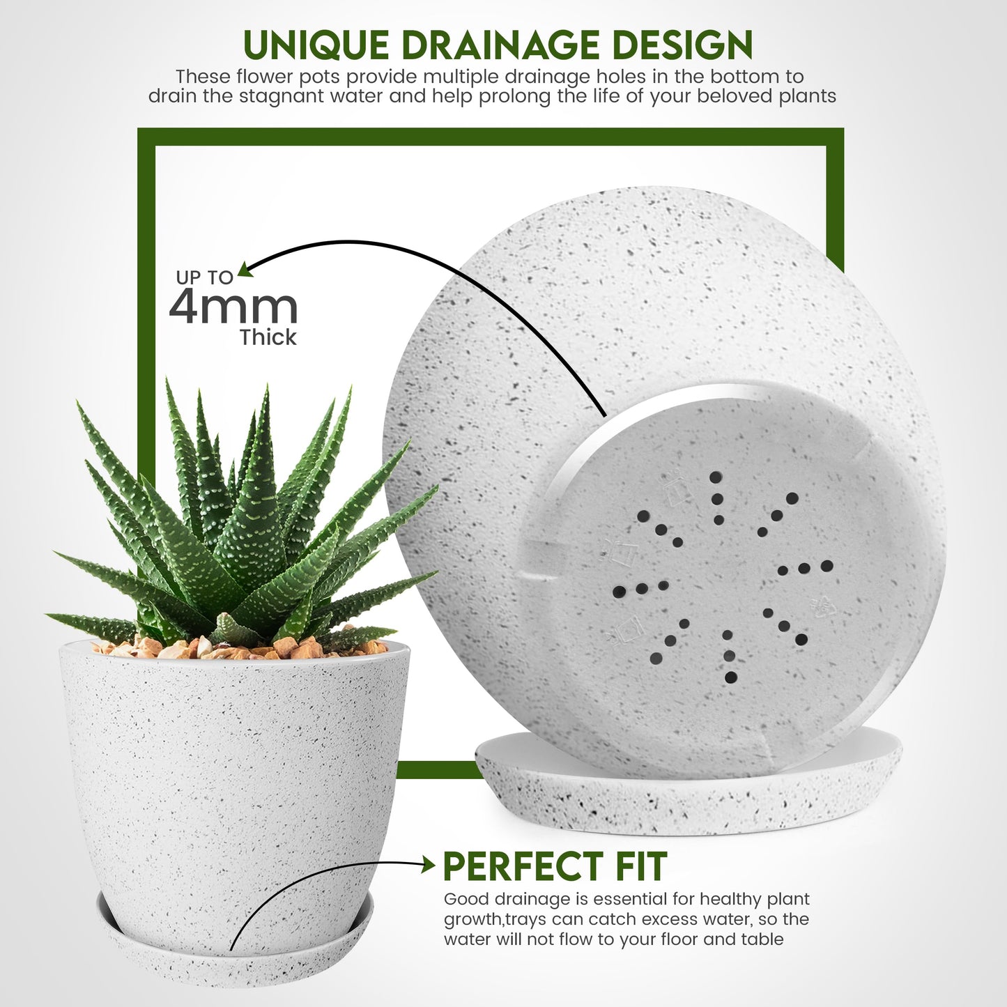Utopia Home - Spotty Plant Pots Indoor with Drainage - 7/6.6/6/5.3/4.8 Inches Flower Pots - 10 Pack Plastic Planters - Ideal for Stocking Stuffers - (Speckled Grey, Pack of 10)