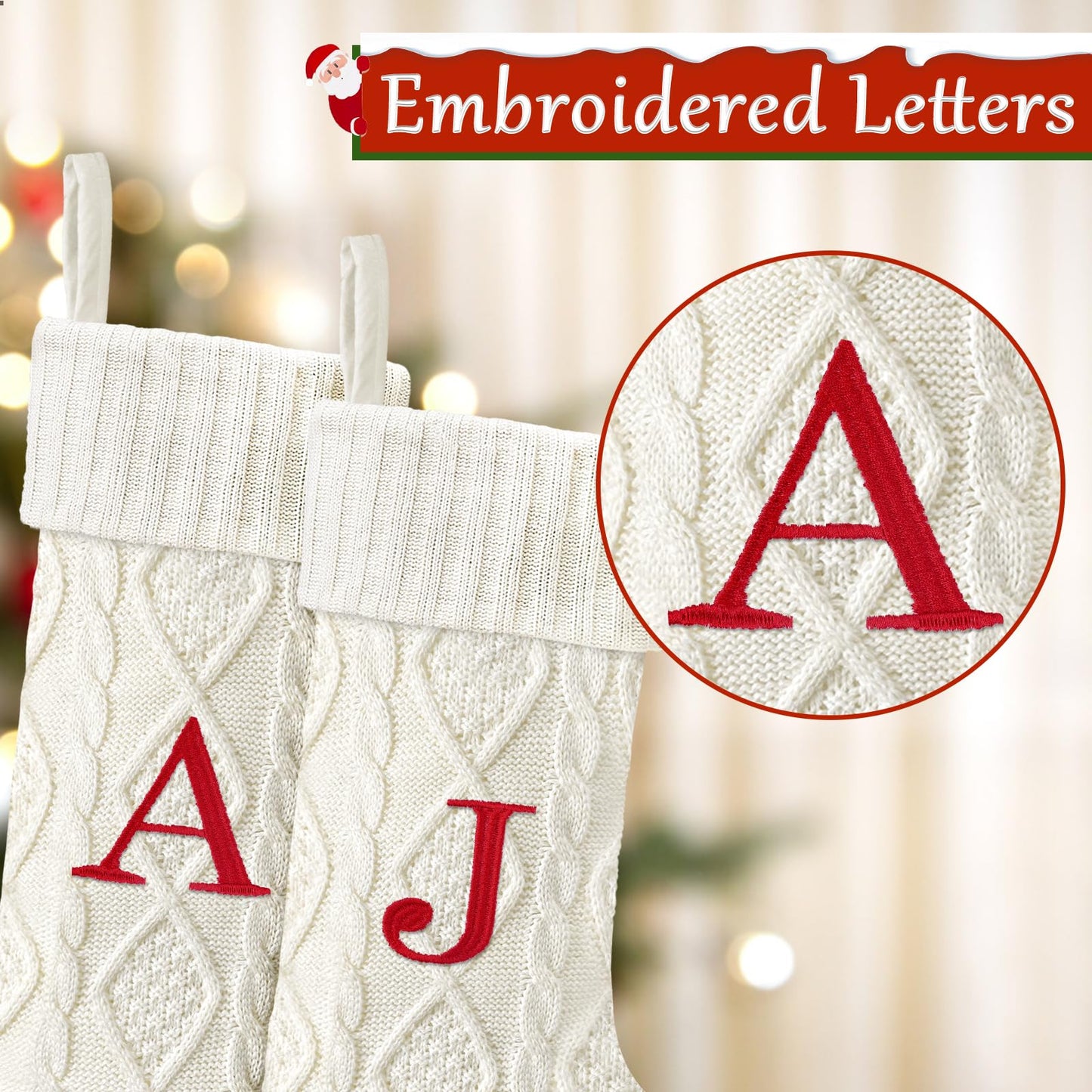 Yoochee 21 Inches Knitted Christmas Stockings with Initials, Large White Custom Monogram Embroidery Christmas Stockings with Letter, Personalized Xmas Decoration for Holiday Family Party-A