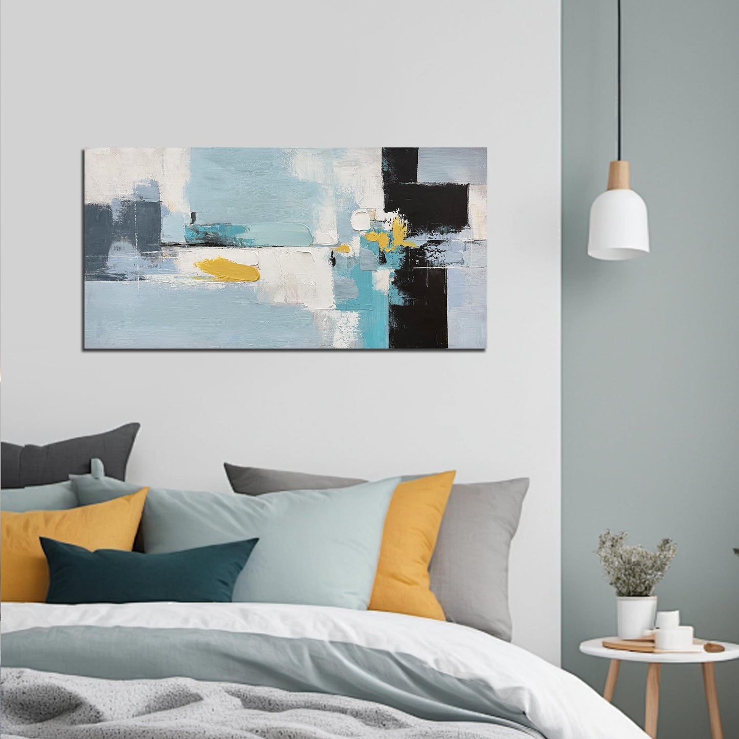 Tarfupth Large Blue Abstract Wall Art for Living Room Black and White Hand Painted Oil Painting Modern Textured Canvas Artwork for Bedroom Home Office 20"x40"