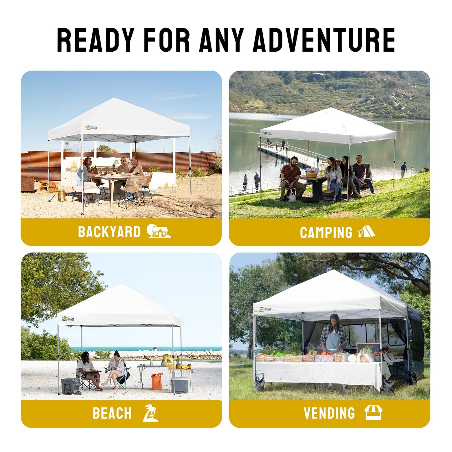 CROWN SHADES 8x8 Pop Up Canopy - Beach Tent with One Push Setup - Easy Outdoor Sun Shade for Events, Parties, Camping - Gazebo with STO-N-Go Cover Bag, Silver Coated Top, White