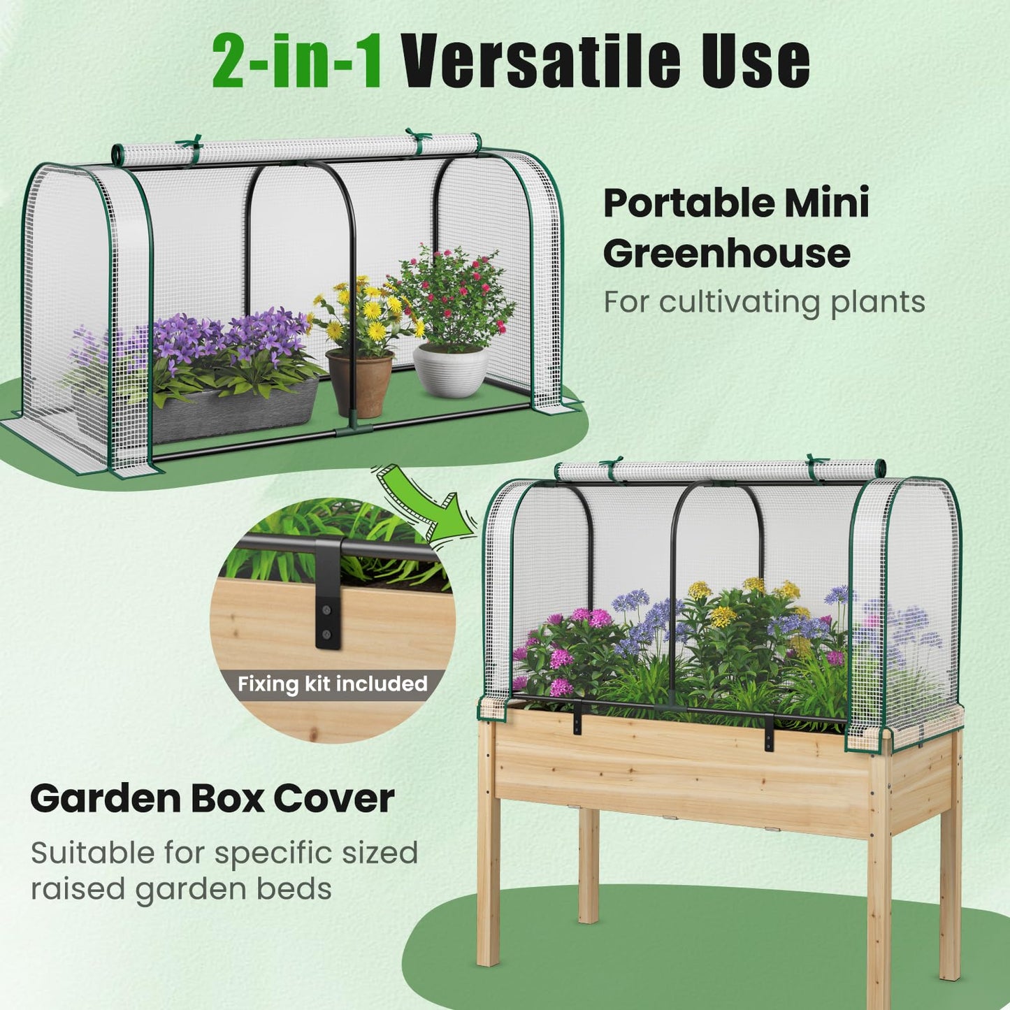 Giantex Raised Garden Bed with Cover, Wood Elevated Planter Box with Legs & Mini Greenhouse, Waterproof Sun-Protective PE Green House Cover, Outdoor Use for Fruit Vegetable Flower Herb (White+Natural)