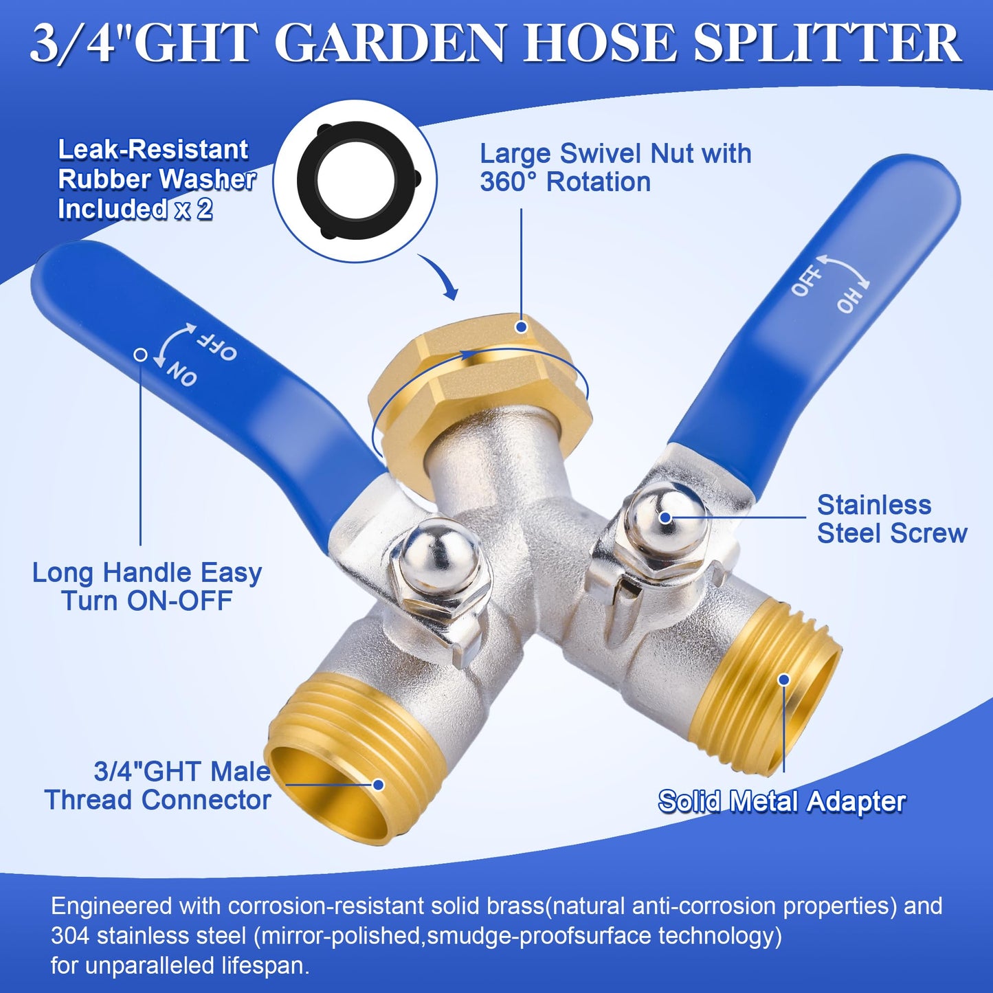 EJW Hose Splitter 2 Way, Garden Hose Splitters, Heavy Duty Faucet Splitter,Rv Brass Water Hose Y Splitter, Double Hose Connector, Spigot Splitter, Two Way Hose Manifold Valve 3/4 Inch GHT Thread.