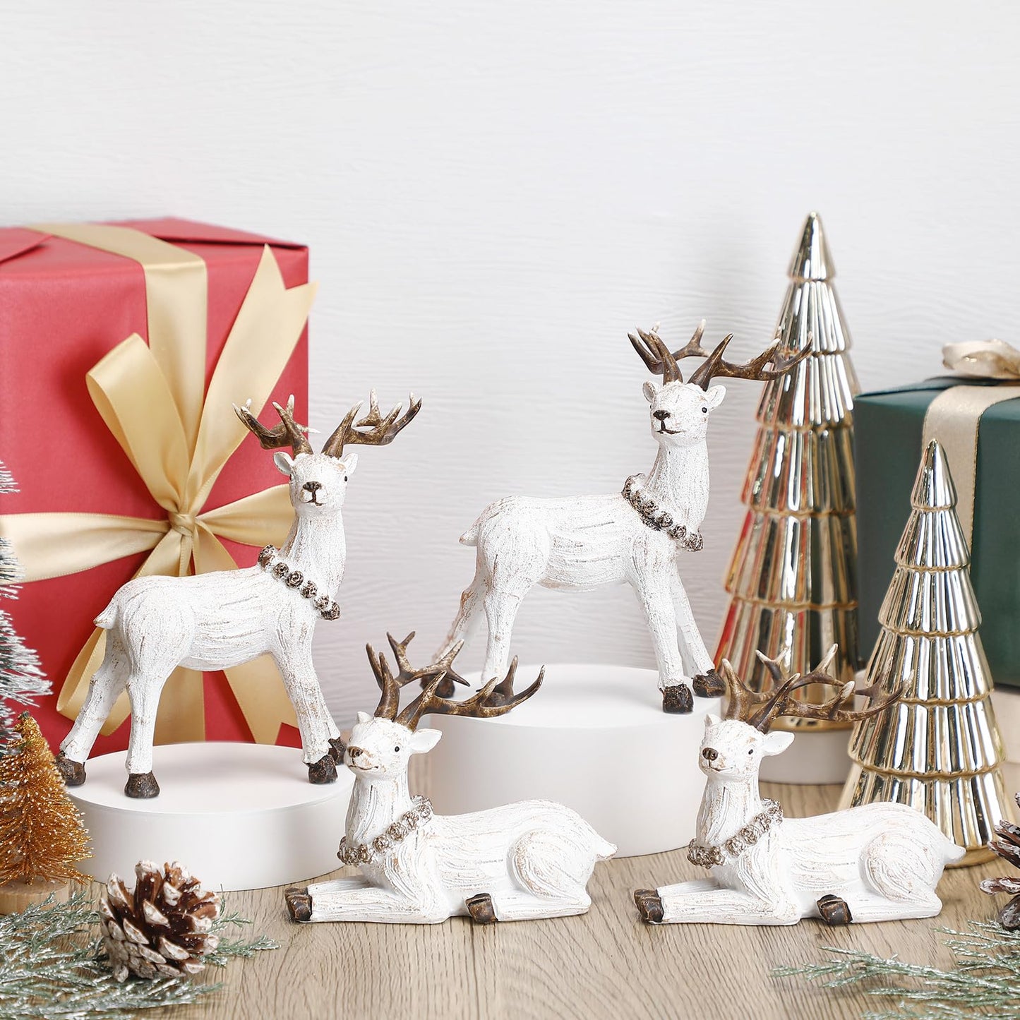 Wesiti 4 Pieces Christmas White Reindeer Gifts Stocking Stuffer Reindeer Tabletop Decoration Standing and Sitting Deer Figurines Xmas Decorative Statue Rustic Decor for Tabletop Mantel Winter Home
