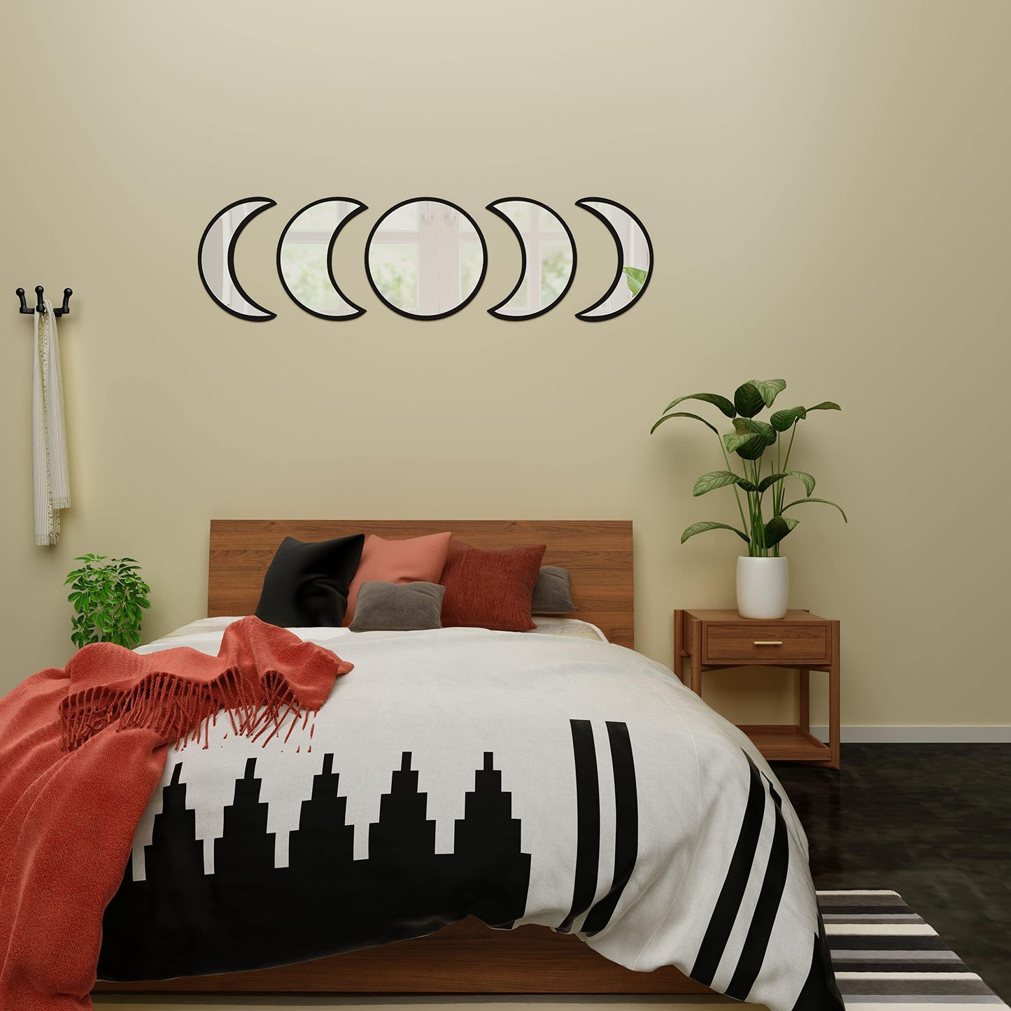 HMANGE 5-Piece Black Acrylic Moon Phase Wall Mirror Set - Shatterproof Safety Design, Easy Stick-On Installation, Boho Celestial Decor for Bedroom Living Room