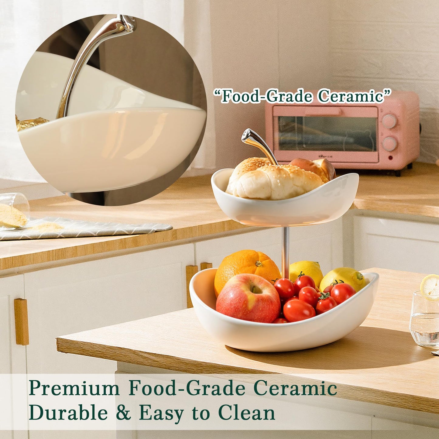 SEVEN SPARTA Double Layer Cherry-Shaped Ceramic Fruit Bowl, 2-Tier Countertop Fruit Basket for Kitchen, Modern Decorative Serving Platter for Fruits, Snacks, Candies (White)