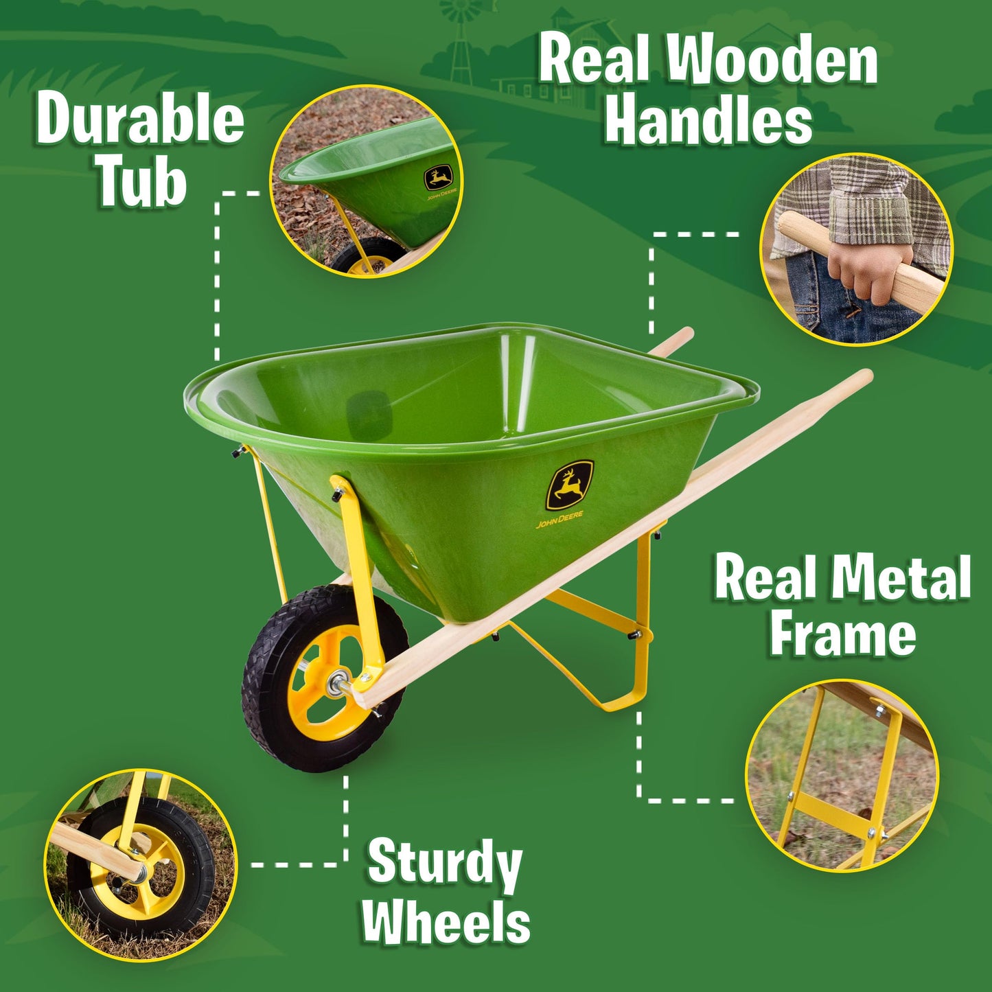 John Deere Deluxe 34" Wheelbarrow and Garden Set Includes 5 Realistic Gardening Tools,Gardening Apron, Gardening Gloves, Large Metal Wheelbarrow with Wooden Handles, Outdoor Toy Ages 5+