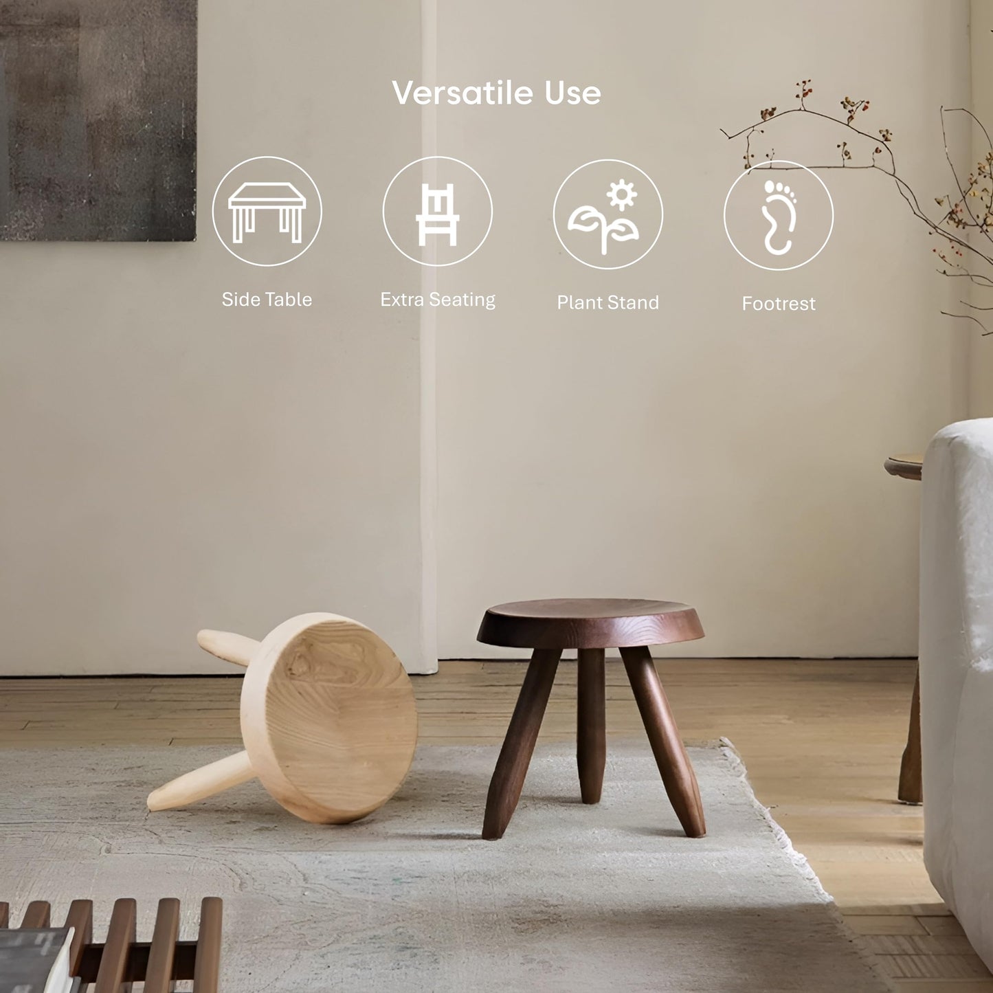 Tabouret Walnut Stool – Handcrafted Hardwood Seating Inspired by Charlotte Perriand, Artisan-Made Small Side Table, Nightstand, Footstool, or Plant Stand – Premium Walnut Finish