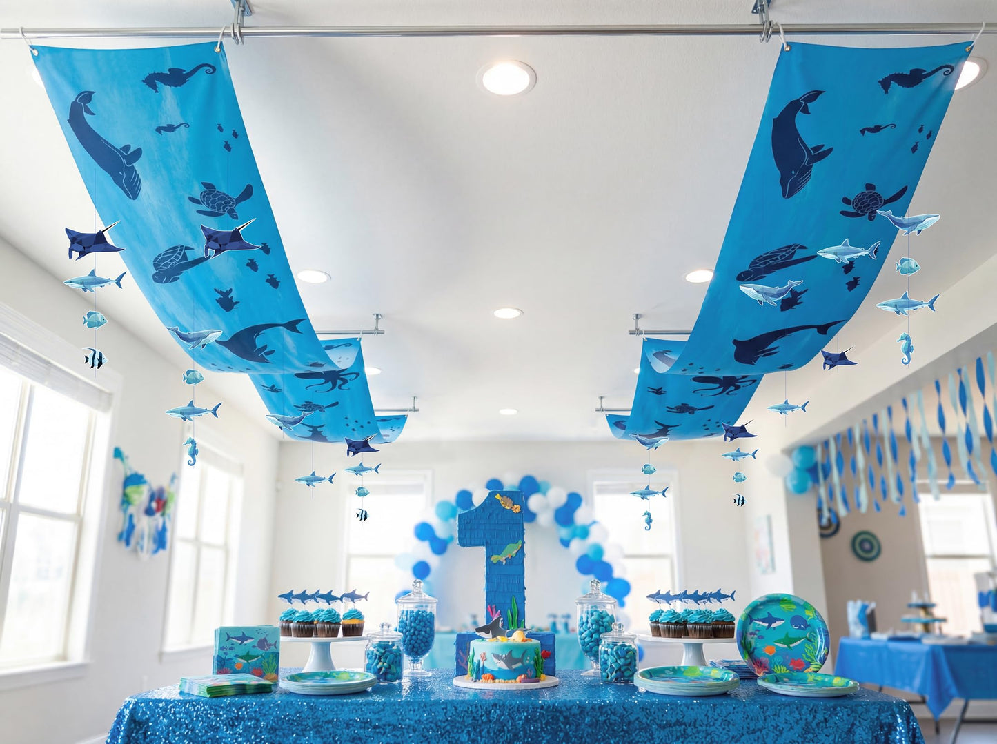 3Pcs Shark Ceiling Decorations, Under the Sea Banners and Ocean Themed Fish Hanging Ornaments Decor Birthday Party Supplies