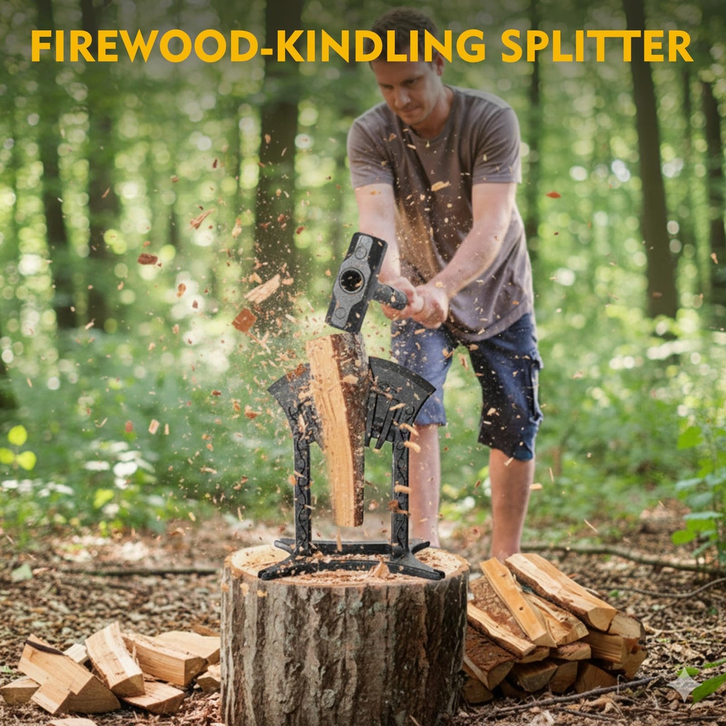 BAYQISI Kindling Splitter for Wood,One-Piece Molding Cast Iron Log Splitter,Manual Wood Splitter with 3 Lbs Sledge Hammer,Firewood Splitter Tool（Medium-Sized）