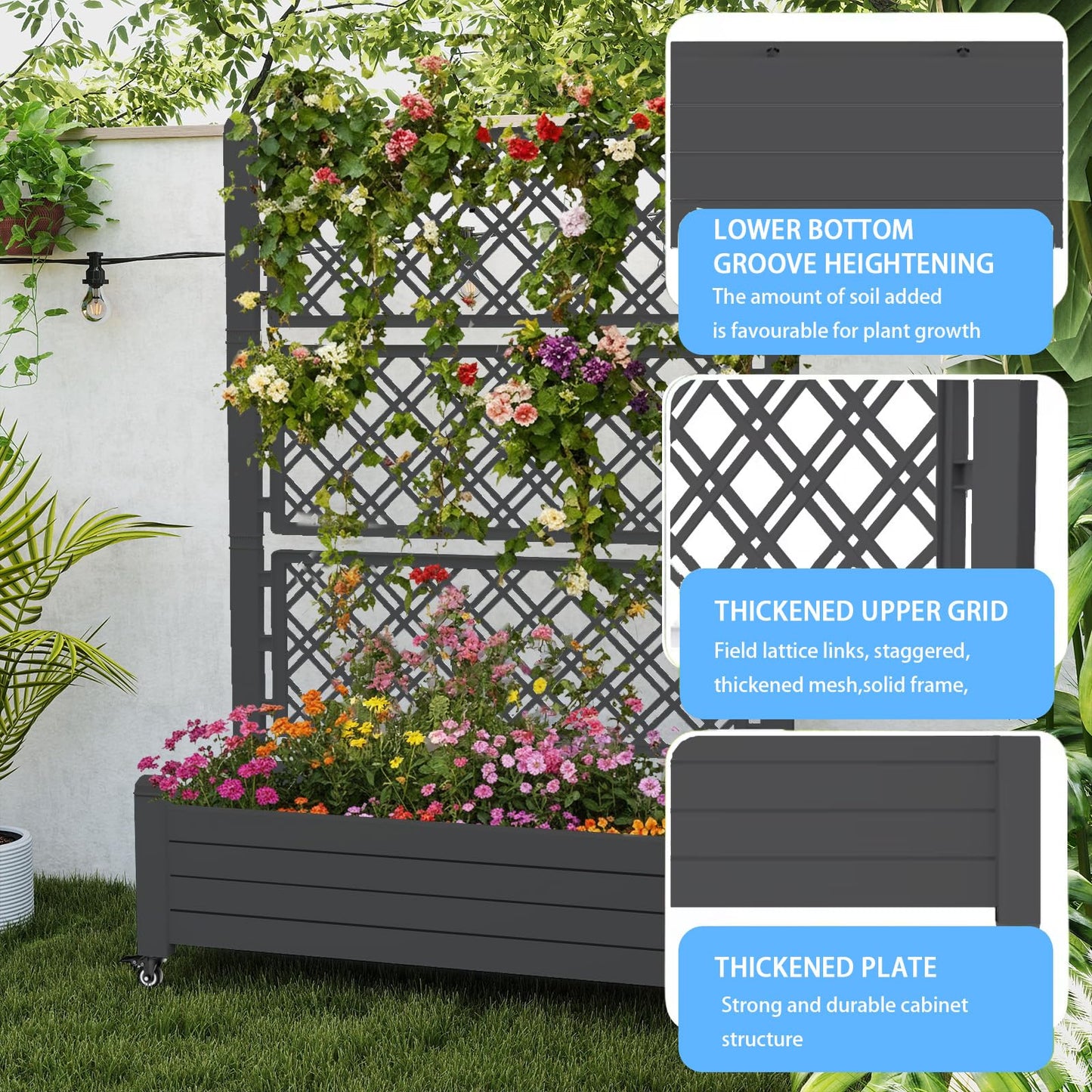TimberAura 43" x 18" Planter Box with Trellis and Wheels, Large Raised Garden Bed with Cucumber Trellis for Climbing Plants, Outdoor Elevated Planter with Self-Watering & Drain Plug (Black)