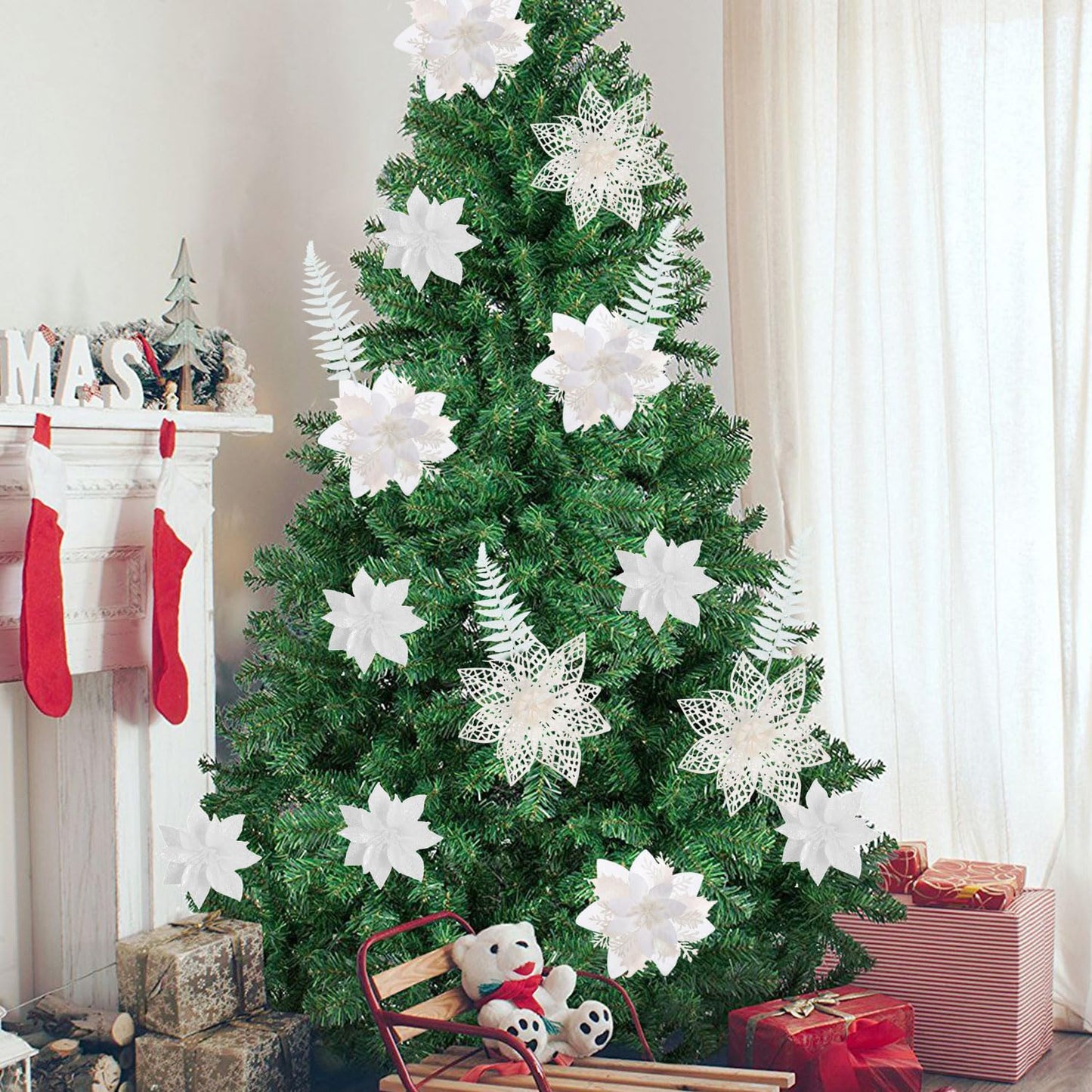 30 Pcs 3 Styles Poinsettias Artificial Christmas Flowers Decorations Set, 18 Poinsettia Flowers Artificial with 12 Christmas Tree Picks for Xmas Decor Holiday Party Decorations（White）