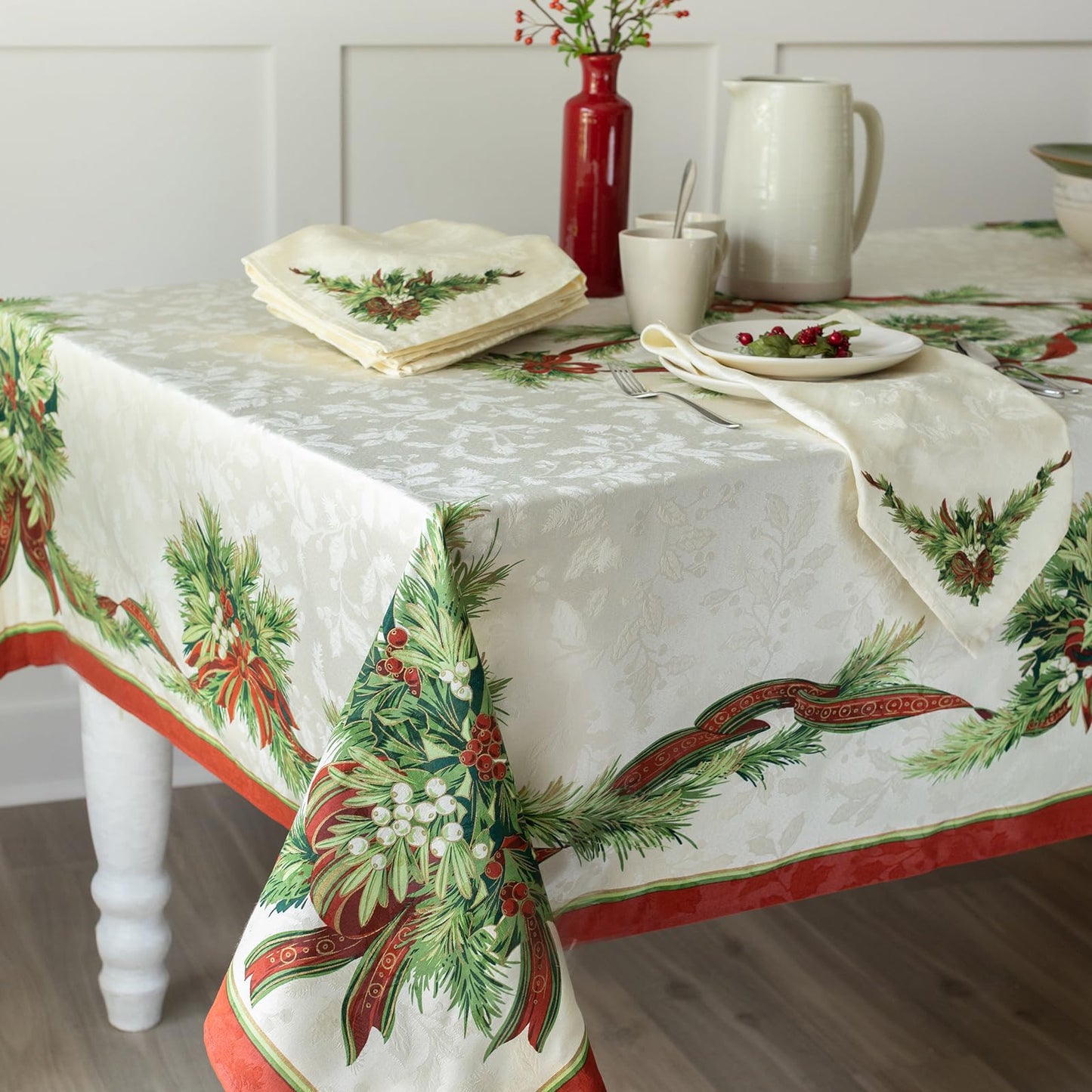 Benson Mills Christmas Ribbons Engineered Printed Fabric Table Cloth, Winter, Holiday and Christmas Tablecloth (60" X 120" Rectangular, Xmas Ribbons)