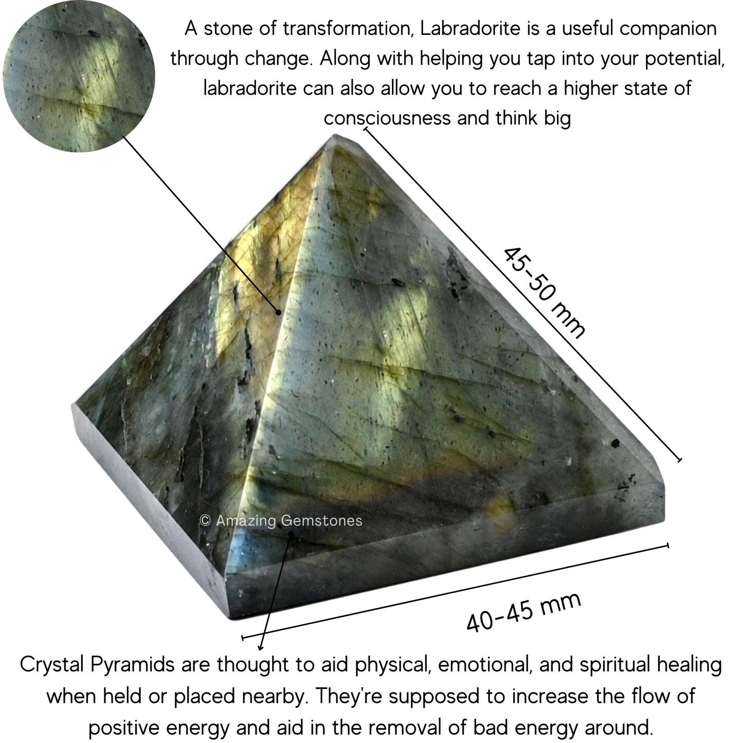 Amazing Gemstone Labradorite Pyramid Crystal Healing Stones - 2" Great Pyramid Figurine of Natural Stone Pyramid for Meditation, Reiki, Chakra Balancing and Crystal Pyramids Grid