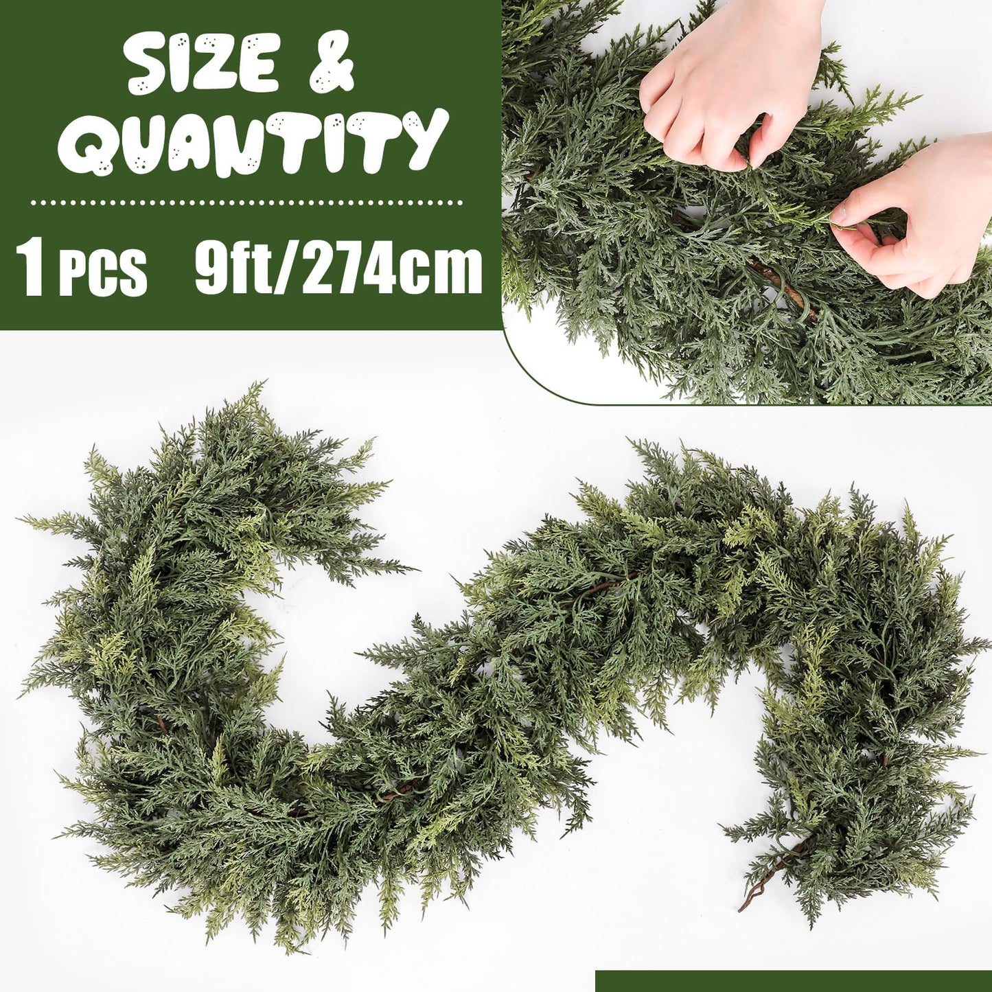 Jutom 1 Pcs 9 ft Christmas Cedar Garland - Dual Green Realistic Cedar Pine Needles Garland Artificial Decoration for Table, Mantel, Wall - Home Winter Holiday Party Decor