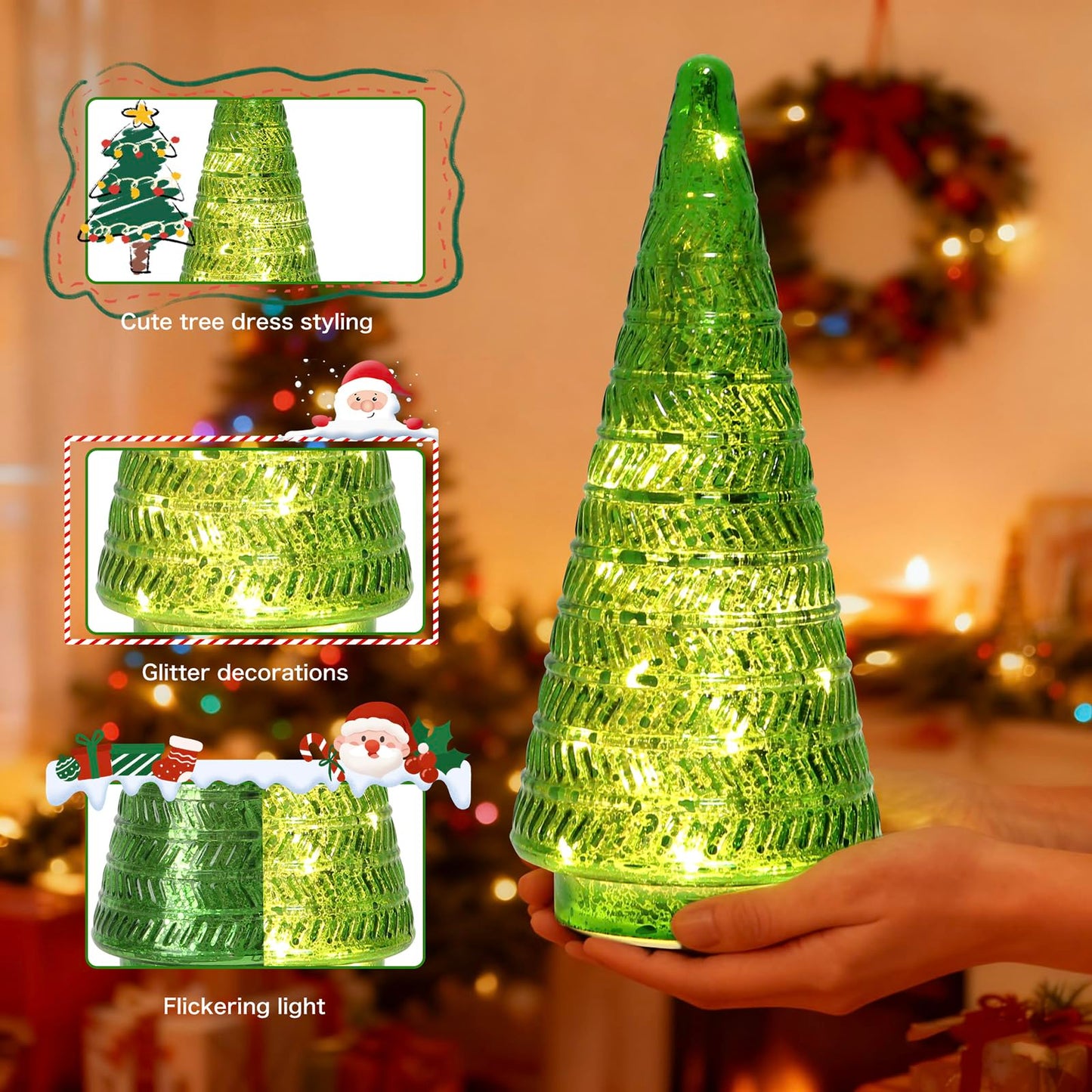 JBGIYOSG Christmas Tree Glass Decorative Light: 10.24" Tall, Holiday Tabletop Ornament, Frosted Glass Christmas Home Decor, Xmas Tree Night Light for Indoor Decor Green