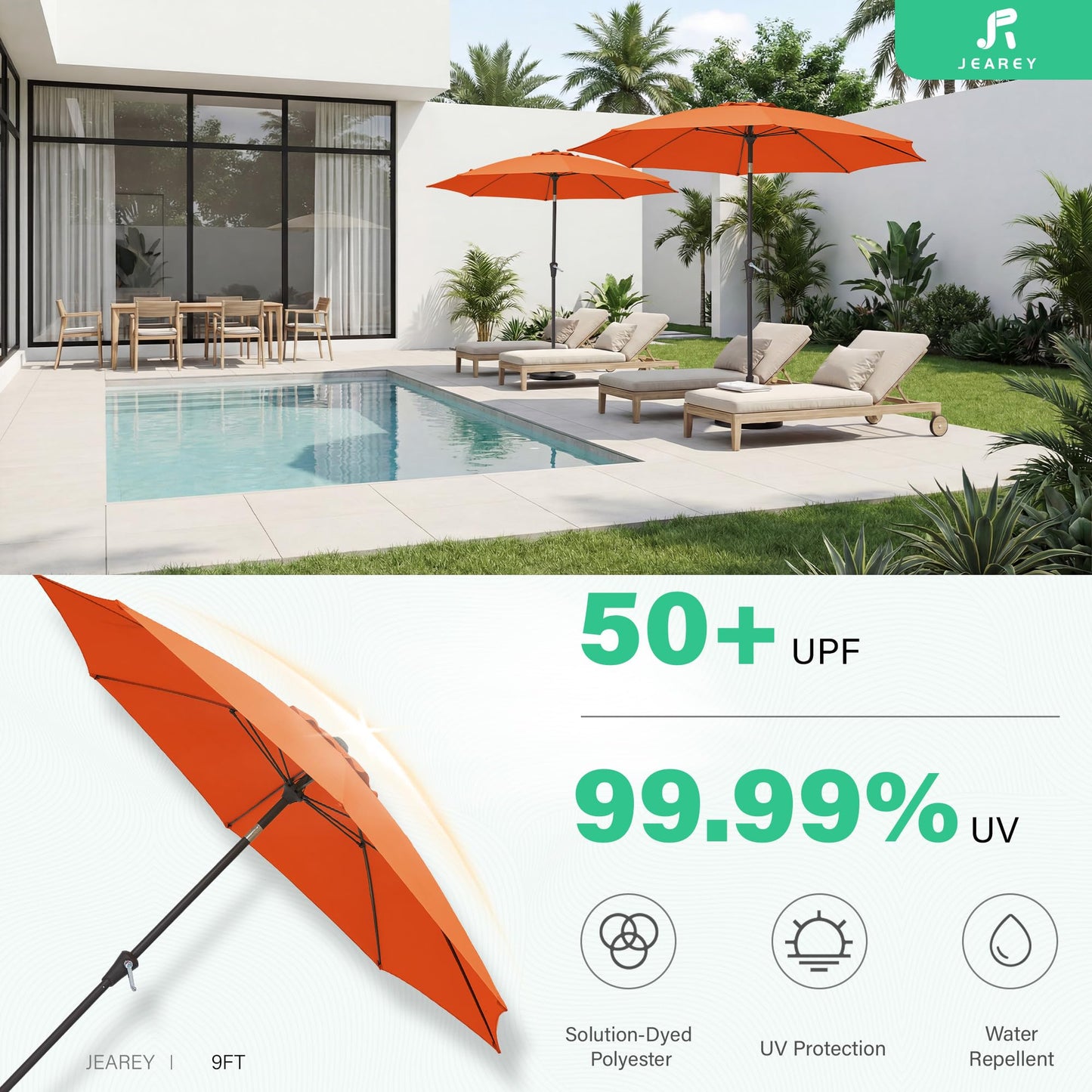 JEAREY 9FT Outdoor Patio Umbrella,Market Table Umbrella with 8 Fiberglass Ribs, Pool Umbrella with Tilt and Crank, UV Protection Lightweight & Wind-Resistant for Lawn, Garden, Deck and Backyard, Orange
