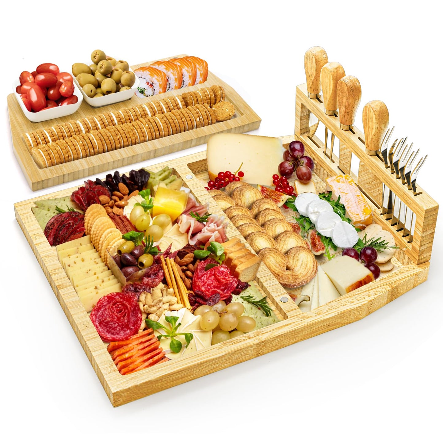 WRINGKIT Charcuterie Cheese Boards Set, Bamboo Cheese Tray Platter with Knife Bowls, Lightweight Meat Cheese Board, Cheese Utensils Included, Unique Wedding for Couple