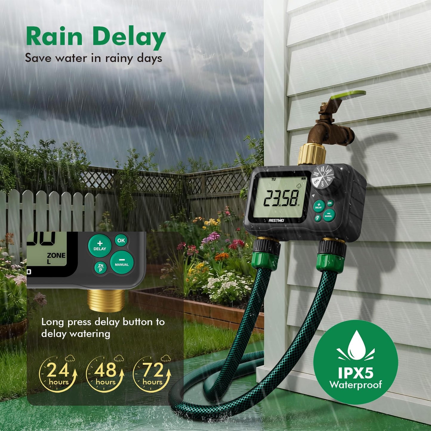 RESTMO Remote Control Brass Sprinkler Timer for Outdoor Hose Faucet 2 Zone, Max 11h59m Programmable Water Timer for Soaker Hose, Misting with Large Dial, Rain Delay/Manual/Automatic Irrigation System