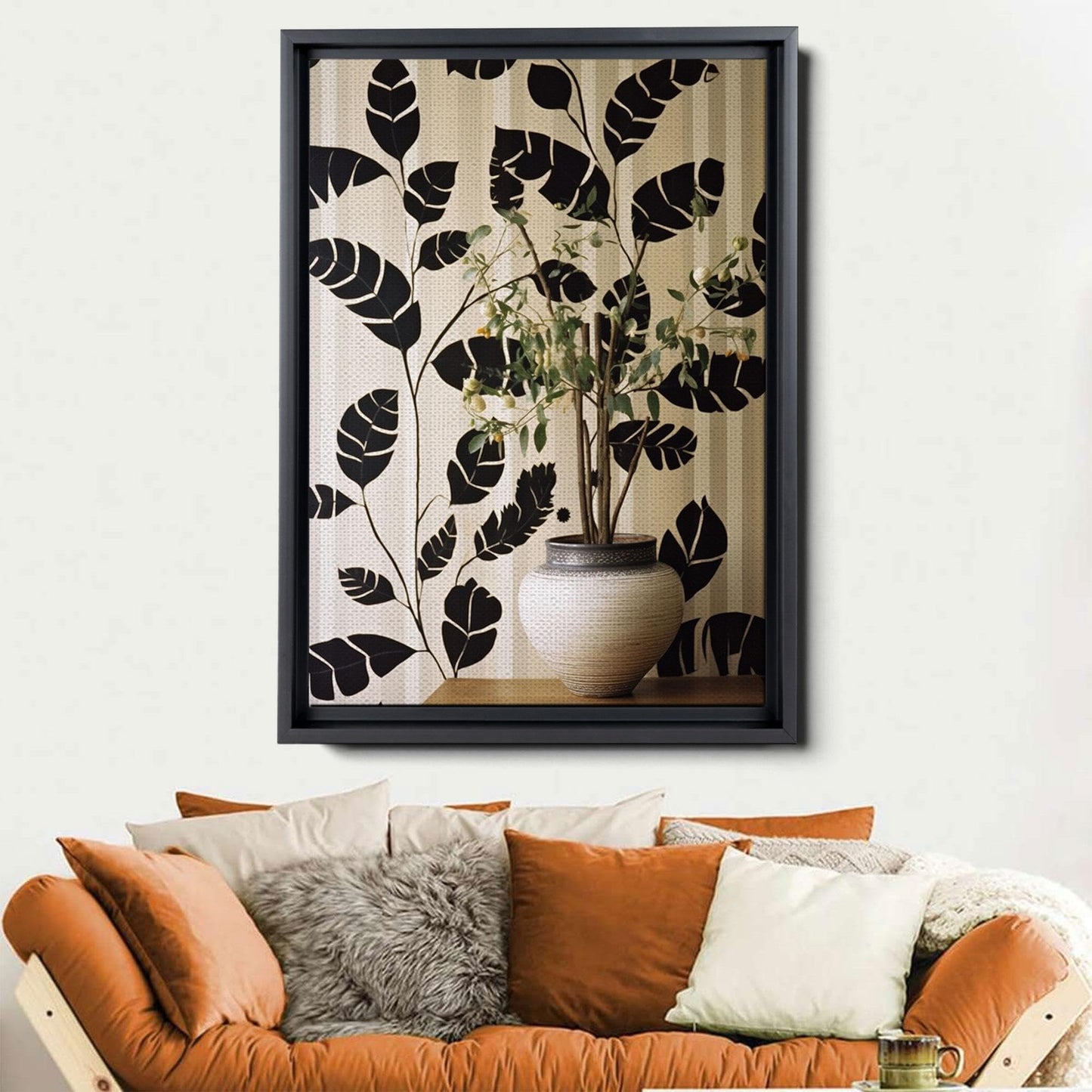 Scandinavian Folk Art, Black and Beige Abstract Botanical Wall Art for Scandinavian Home Decor