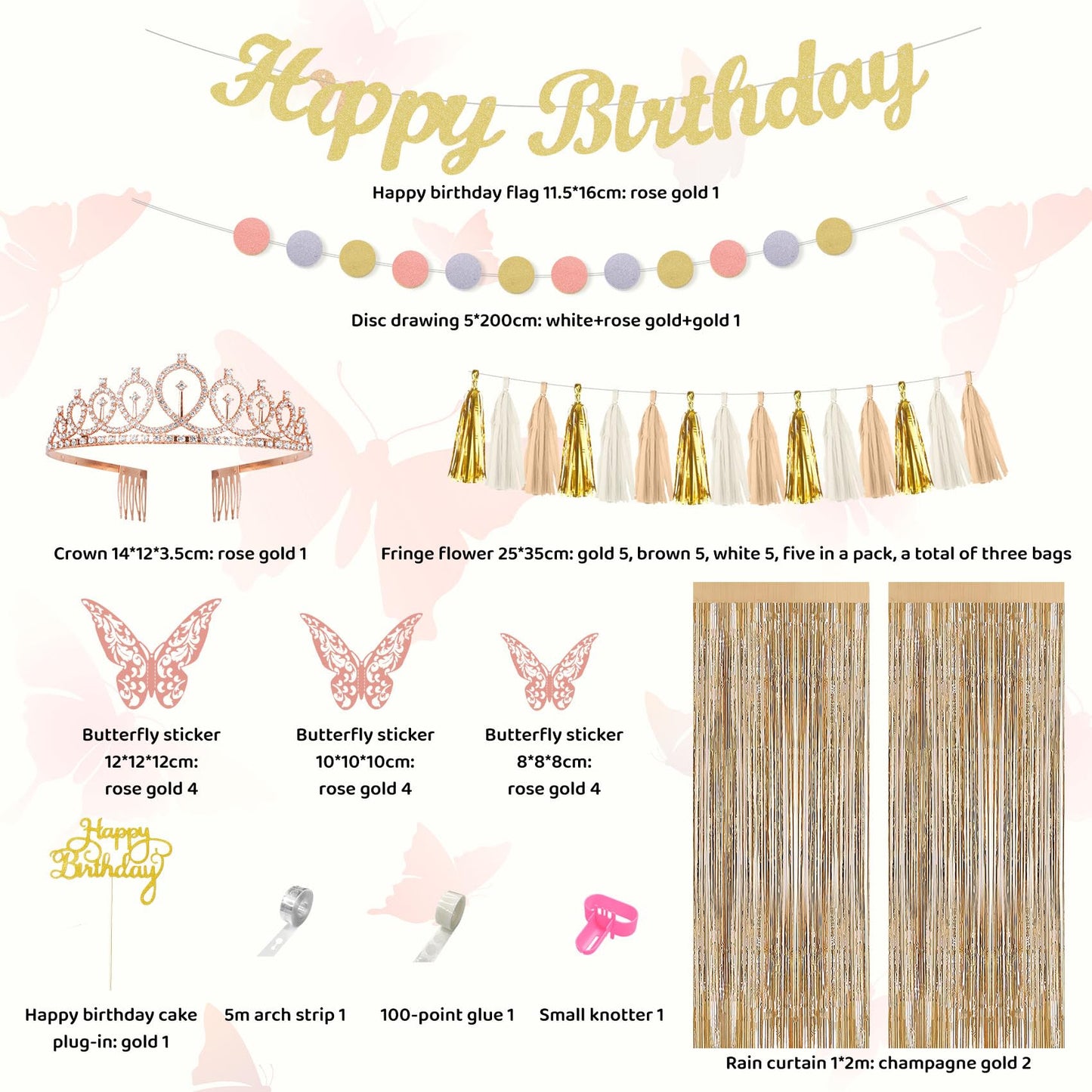 Ouddy Life Birthday Decorations for Women Girls, Neutral Foil Star Balloons Happy Birthday Circle Dots Banner Fringe Curtains Cake Topper Butterfly Paper Pompoms for Baby Shower Party Supplies
