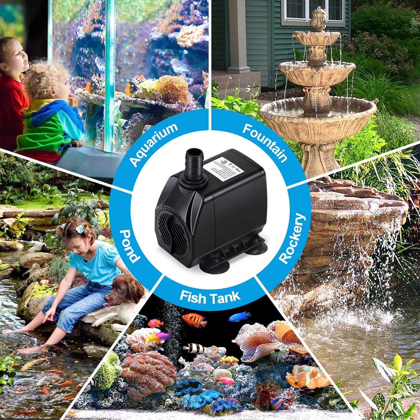 CWKJ Fountain Pump, 880GPH Submersible Water Pump, Durable 60W Outdoor Fountain Water Pump with 6.5ft Power Cord, 3 Nozzles for Aquarium, Pond, Fish Tank, Water Pump Hydroponics, Backyard Fountain