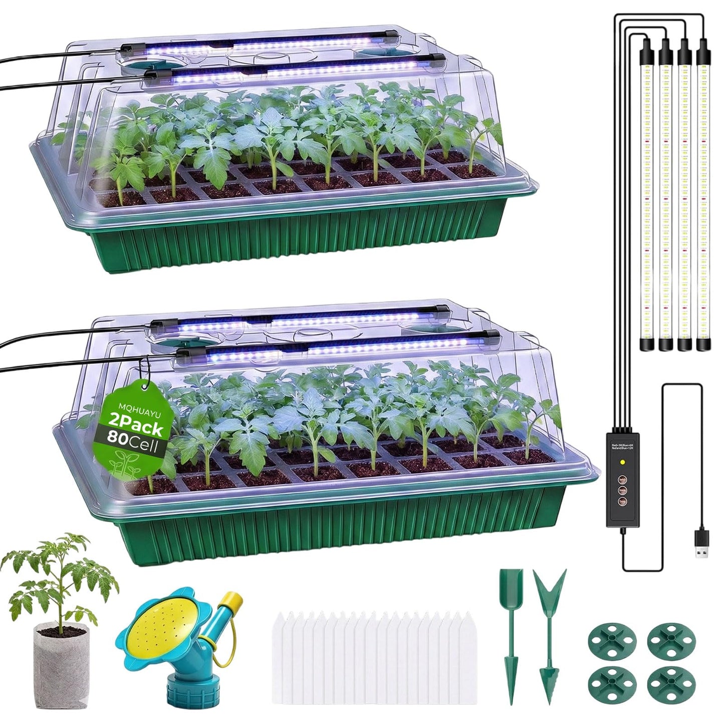 Seed Starter Tray with Grow Light, 2 Pack 80-Cell Seedling Starter Kit with Smart Timer & Humidity Dome, Indoor Plant Germination Kit with 100pcs Nursery Bags & 2-in-1 Sprinkler for Seed Starting