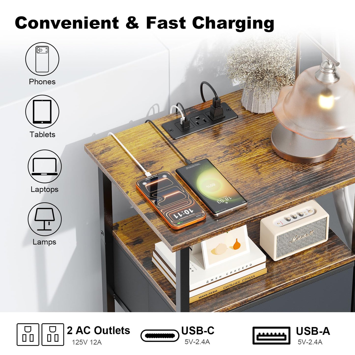 Tensirock Side Table with Charging Station, Nightstand with Adjustable Fabric Drawer, Bedside Table for Bedrooms, Living Rooms & Home Decor (Brown Black)