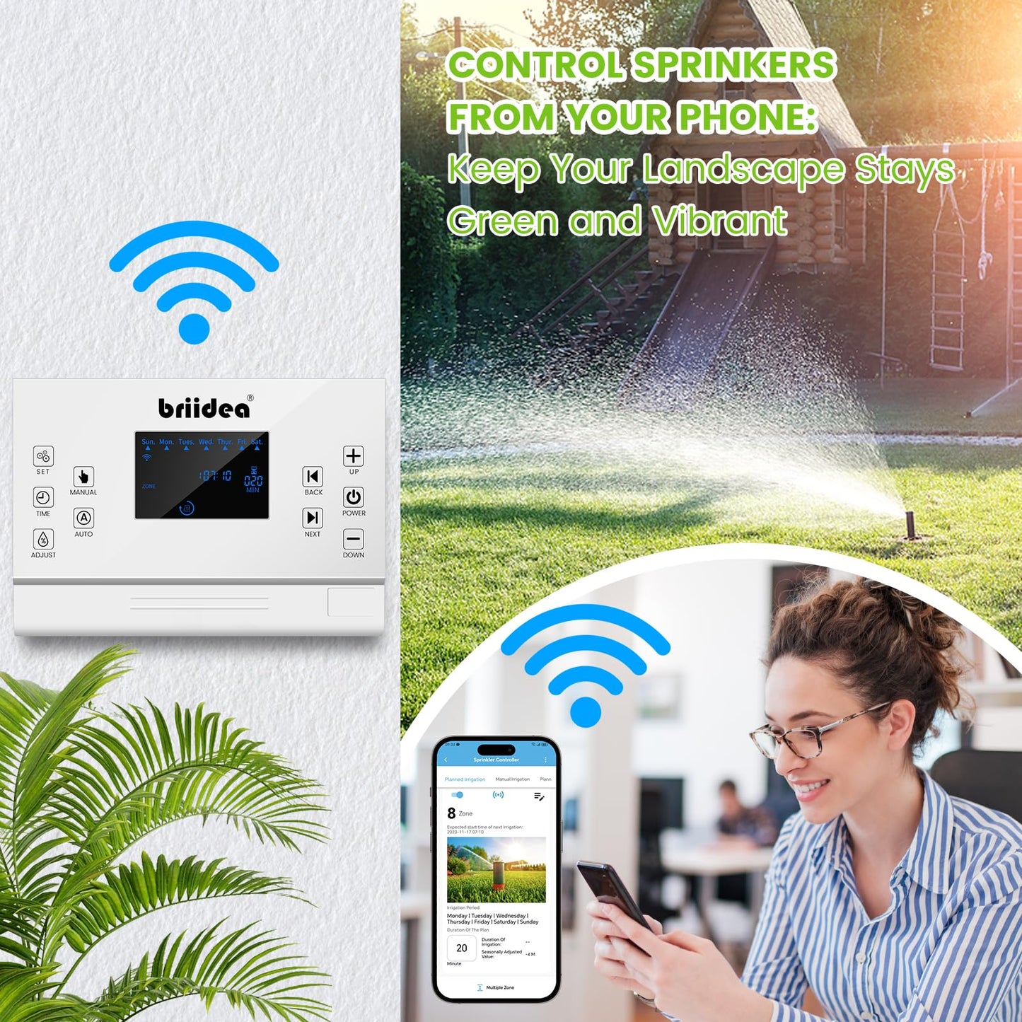 8 Zones WiFi Smart Sprinkler Controller, Briidea Automatic Irrigation Controllers with Customized Watering Schedule & Seasonal Adjustment, Water Efficiently and Keep Your Plants Healthy, MK-117