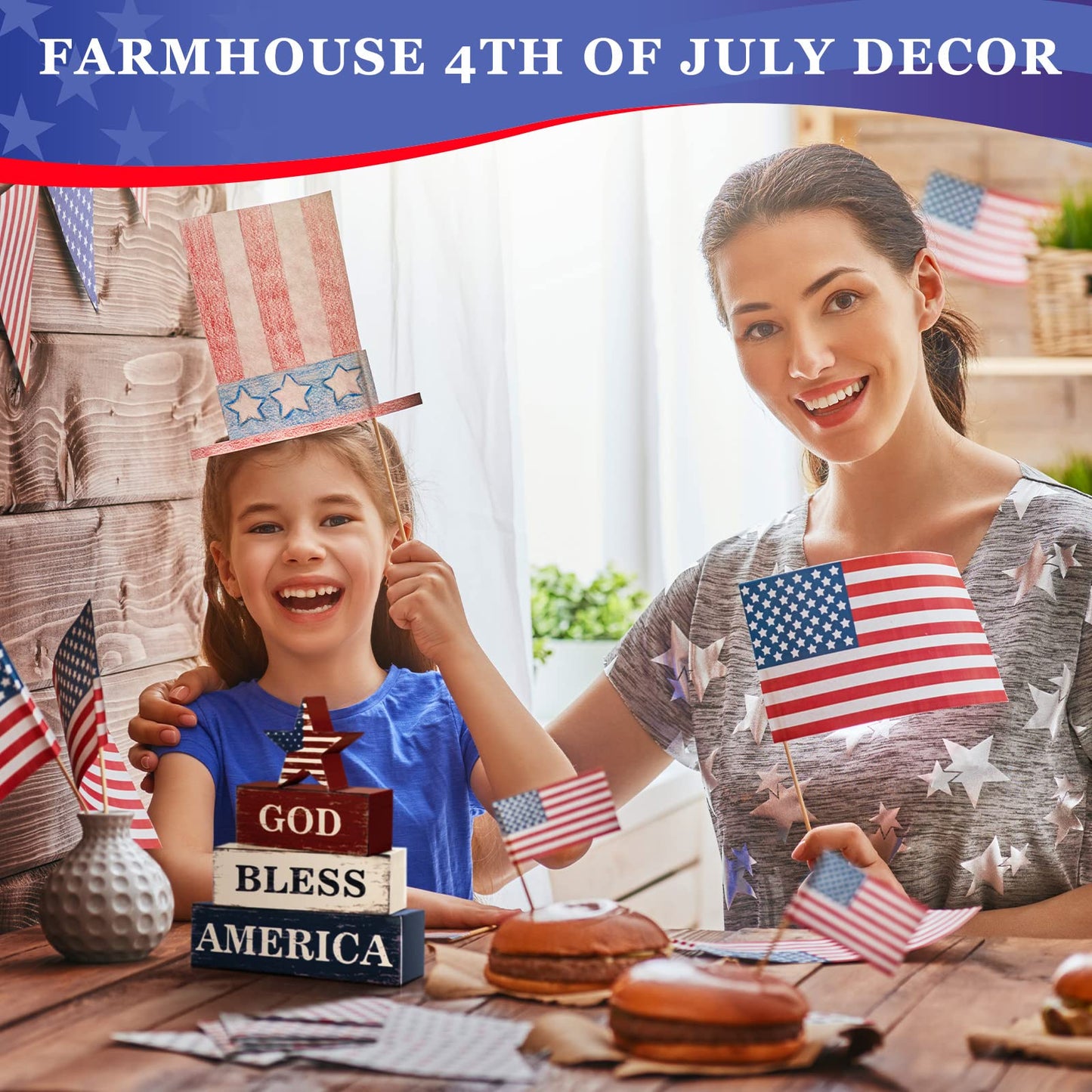 Huquary 4 Pcs 4th of July Decorations Patriotic Memorial Day Table Sign Independence Day Table Wood Decorations Red White Blue Block for Office Tiered Tray Home Shelf 250th Anniversary(Flag)