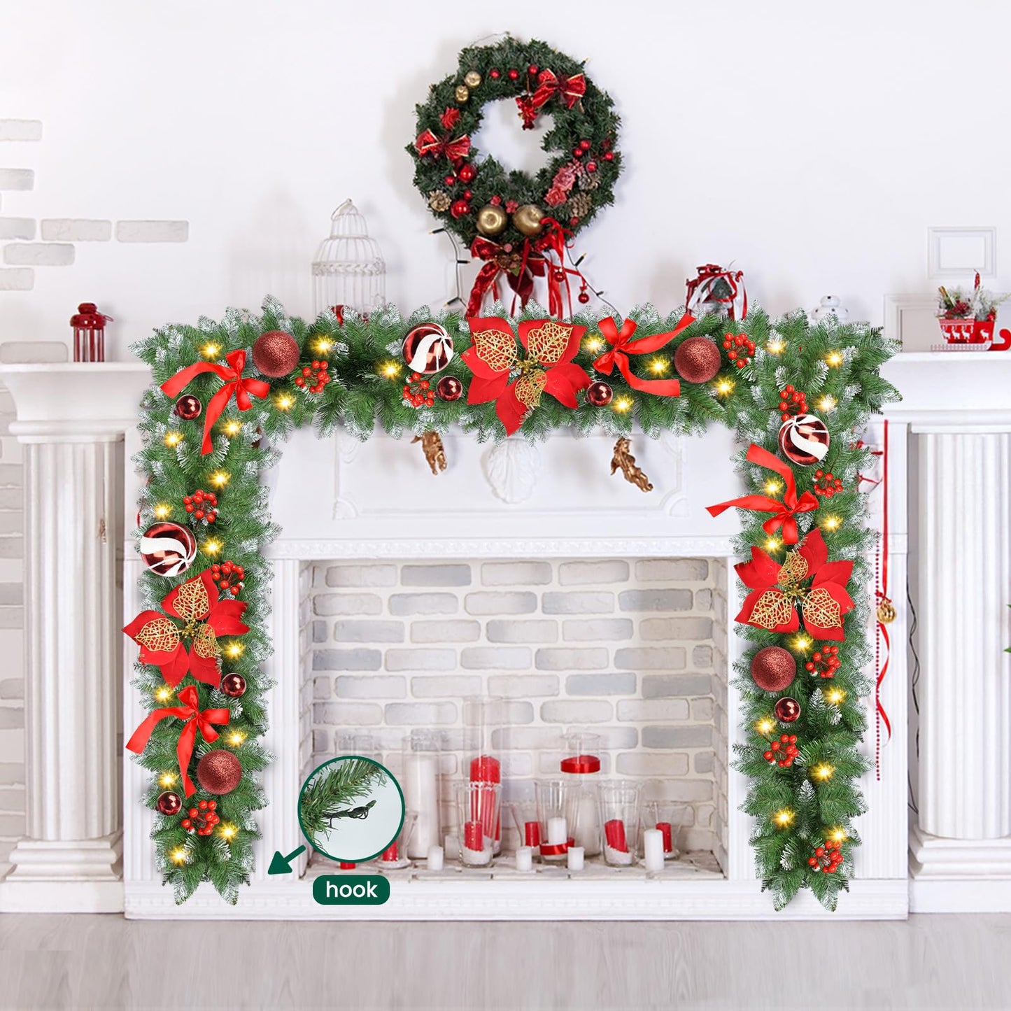 Christmas Garland with Lights, 9ft Battery Operated LED Garland with Timer, 30 Warm White LEDs, Waterproof Christmas Decorations for Indoor Outdoor Mantel, Stairs, Doorway, Window, Porch, Home