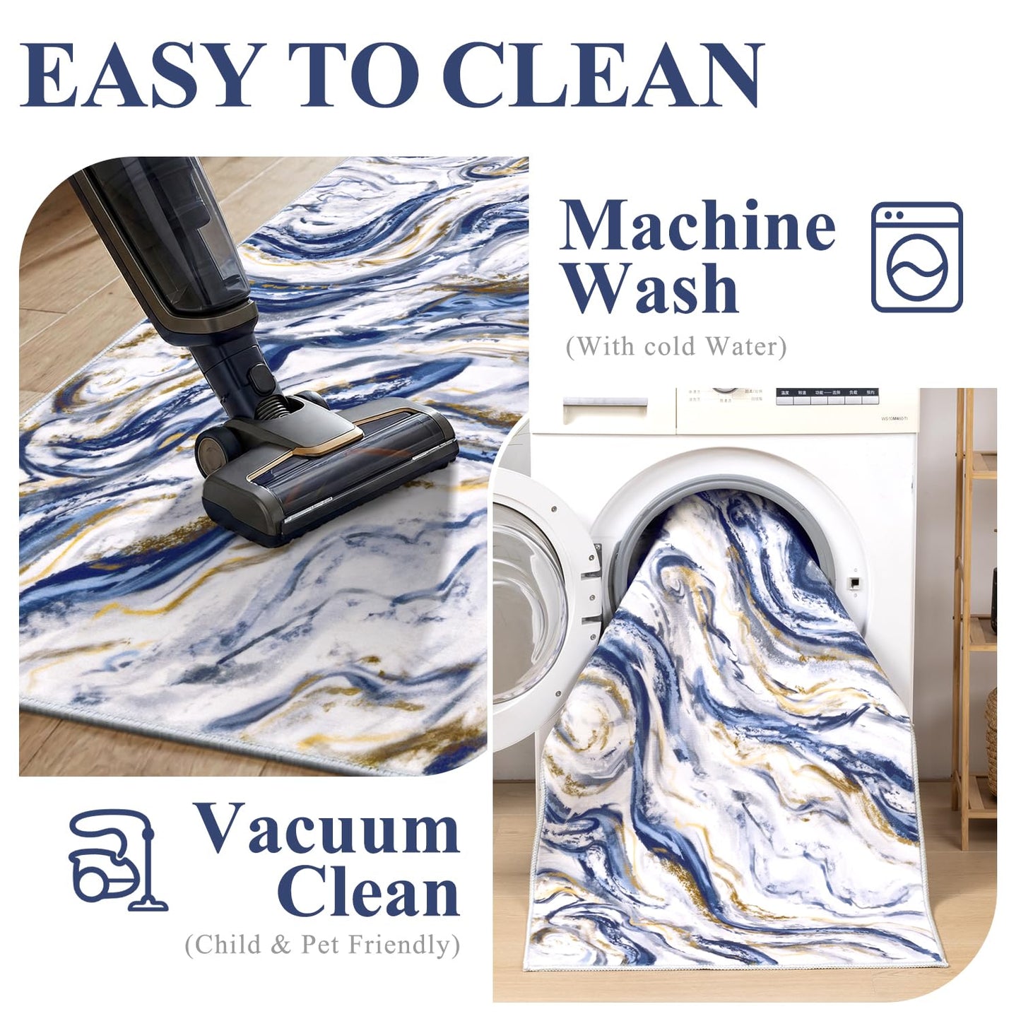 Yamaziot 2x8 Washable Runner Rug for Kitchen Hallways, Modern Abstract Non-Slip Rug with Rubber Backing, Stain Resistant & Low Pile Carpet Runner for Bedroom, Laundry, Entrance,Blue