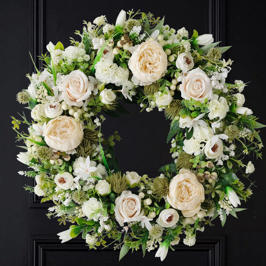 Artificial Floral Wreath for Front Door, 22" White Peony Rose Wreath for Indoor Outdoor Home Wall Window Wedding Decorations