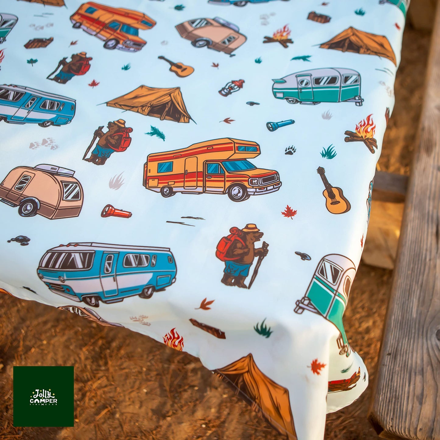 Jolly Camper Camping Tablecloth, Picnic Tablecloth, Fits 4ft to 8ft Picnic Tables, Polyester, Washable & Reusable, Spill & Stain Resistant, Water Repellent, Table Cloth for Picnic Table - Vintage RV