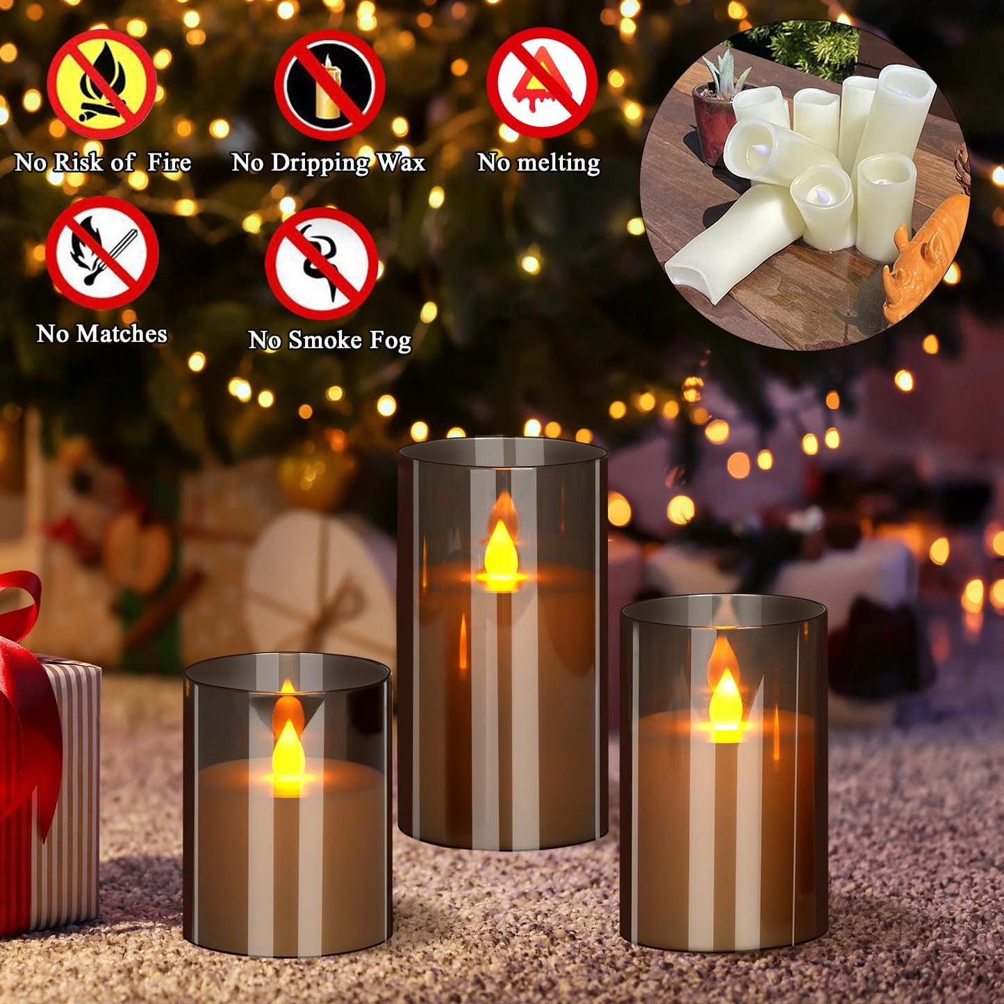 wemarry Flameless Candles 4" 5" 6" Acrylic Glass Pillars 3" Diameter Battery Operated Flickering Candles Include 8-Key Remote with Timer Function 400+ Hours (Gray, Warm Light 3 Pack)