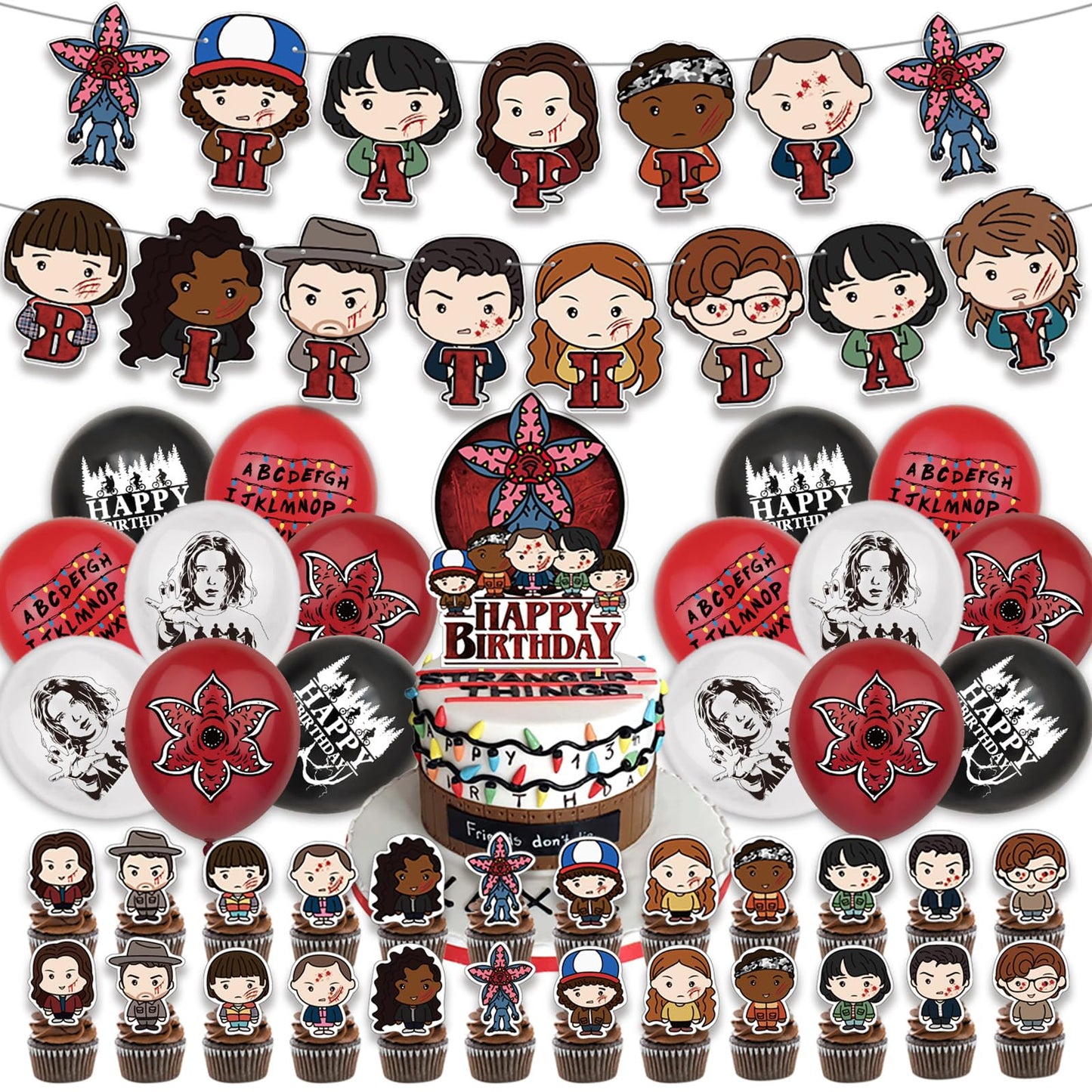 42 Pcs TV Series Theme Happy Birthday Decorations, Cute Cartoon Style Party Decorations, Includes Banners, Balloons, Cake Toppers, and Dessert Toppers
