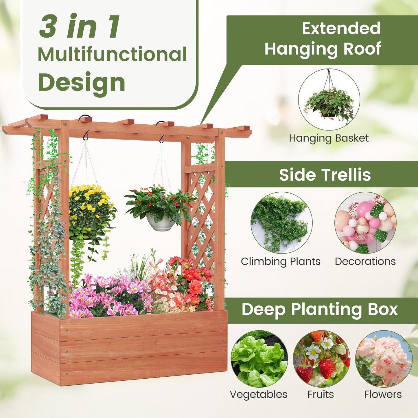 Giantex Raised Garden Bed with 2-Sided Trellis & Hanging Roof, Fir Wood Planter Box w/Drainage Holes, Freestanding Garden Planter for Flowers Herbs Climbing Vines (43"x15"x45")