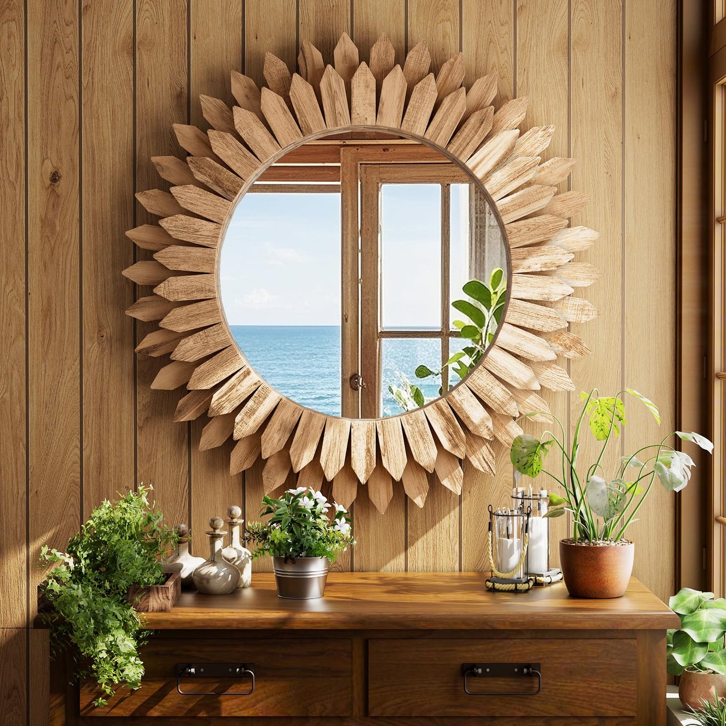 VETROVUE 24 Inch Brown Boho Wall Decor Sunburst Mirror - Round Wooden Wall Decor, Handmade Rustic Circular Mirror for Living Room, Bedroom, Entryway, Office
