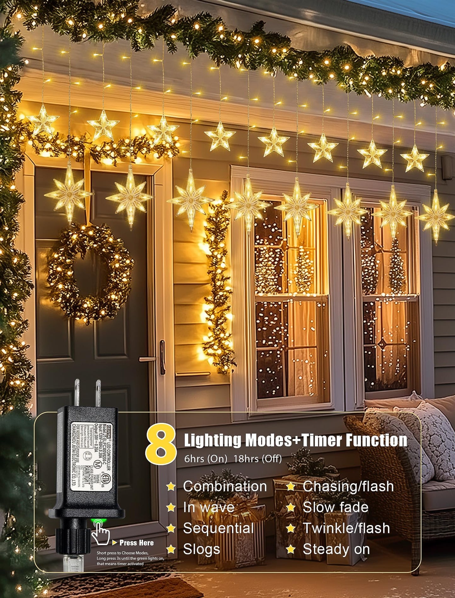 BEEWIN 126 LED Star Icicle Lights,7.8ft Connectable Window Curtain Lights Plug in,8 Lighting Modes Timer Bethlehem Star Christmas Light for Indoor Outdoor,Bedroom,Wedding,Ramadan Decor,Warm White