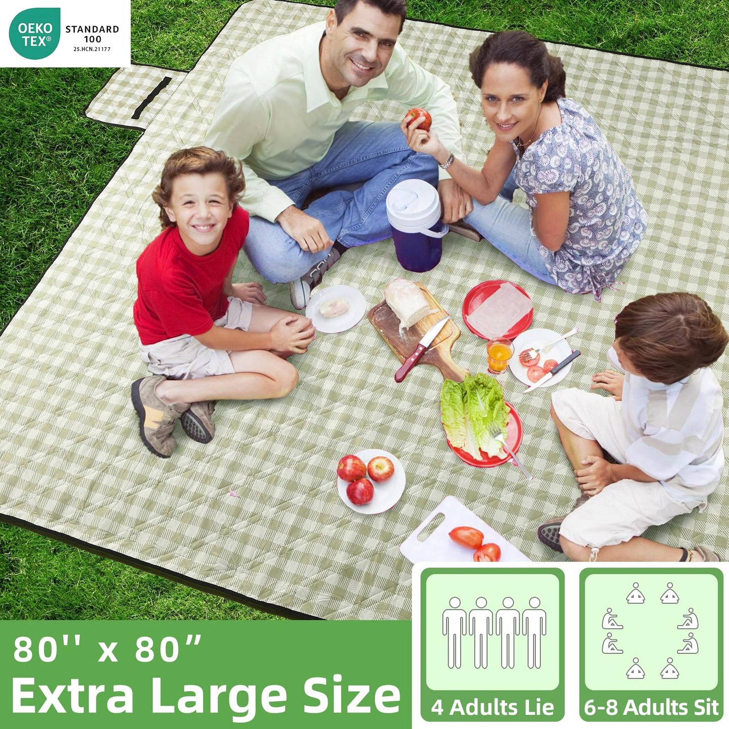 ZAZE Extra Large Picnic Outdoor Blanket, 80''x80'' Waterproof Foldable Blankets Gingham Picnic Mat for Beach, Camping Grass Lawn Park Accessories Cute Couple Gifts Ideas Wedding Registry(Green White)