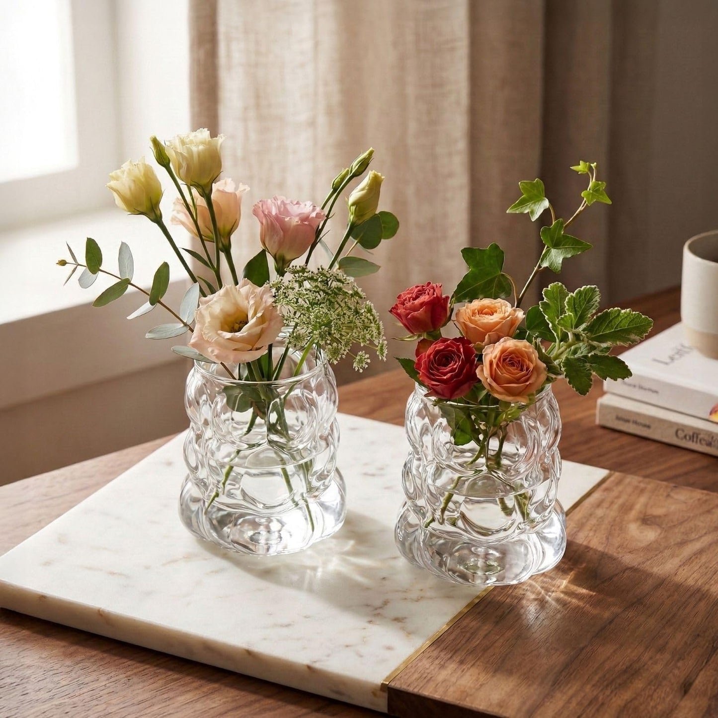 2PCS Small Bubble Glass Bud Vase: Light Weight Short Wide Mouth Crystal Clear Vase - Mini Aesthetic Funky Vase for Hydroponic Plants, Dried Flowers, Table Centerpiece, Coffee Side & Desk Modern Decor