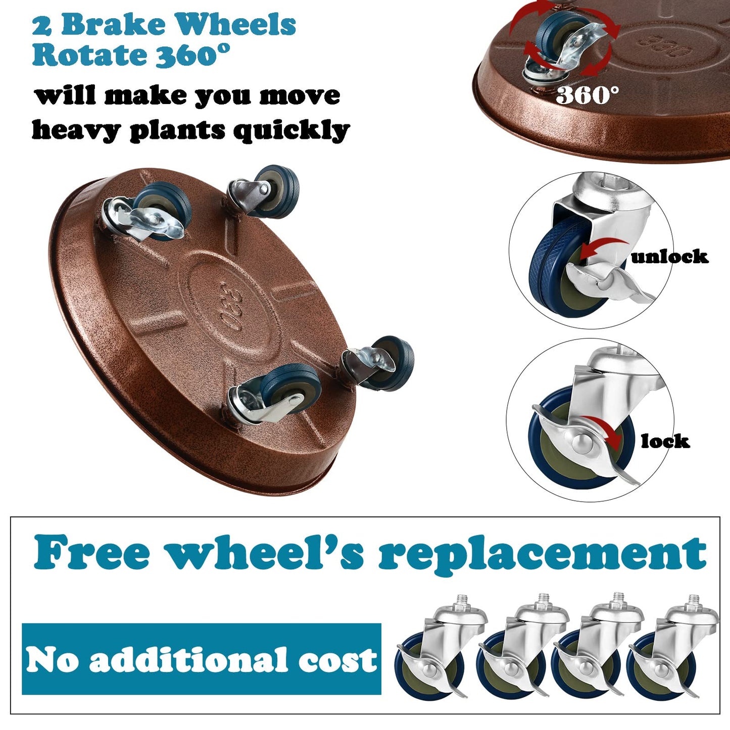 3 Packs Metal Plant Caddy with Wheels 13" Rolling Plant Stand Heavy Duty Plant Dolly with Casters for Indoor and Outdoor Large Planter Casters Potted Plant Mover,Copper