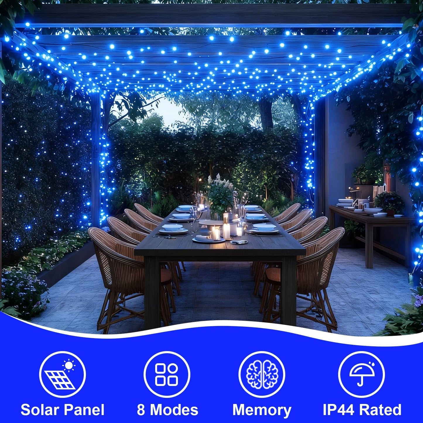 YEGUO 4 Pack Blue Solar Fairy Lights, Each 33ft 100 LED Christmas Lights Outdoor Waterproof, 8 Modes Sliver Wire Solar String Lights