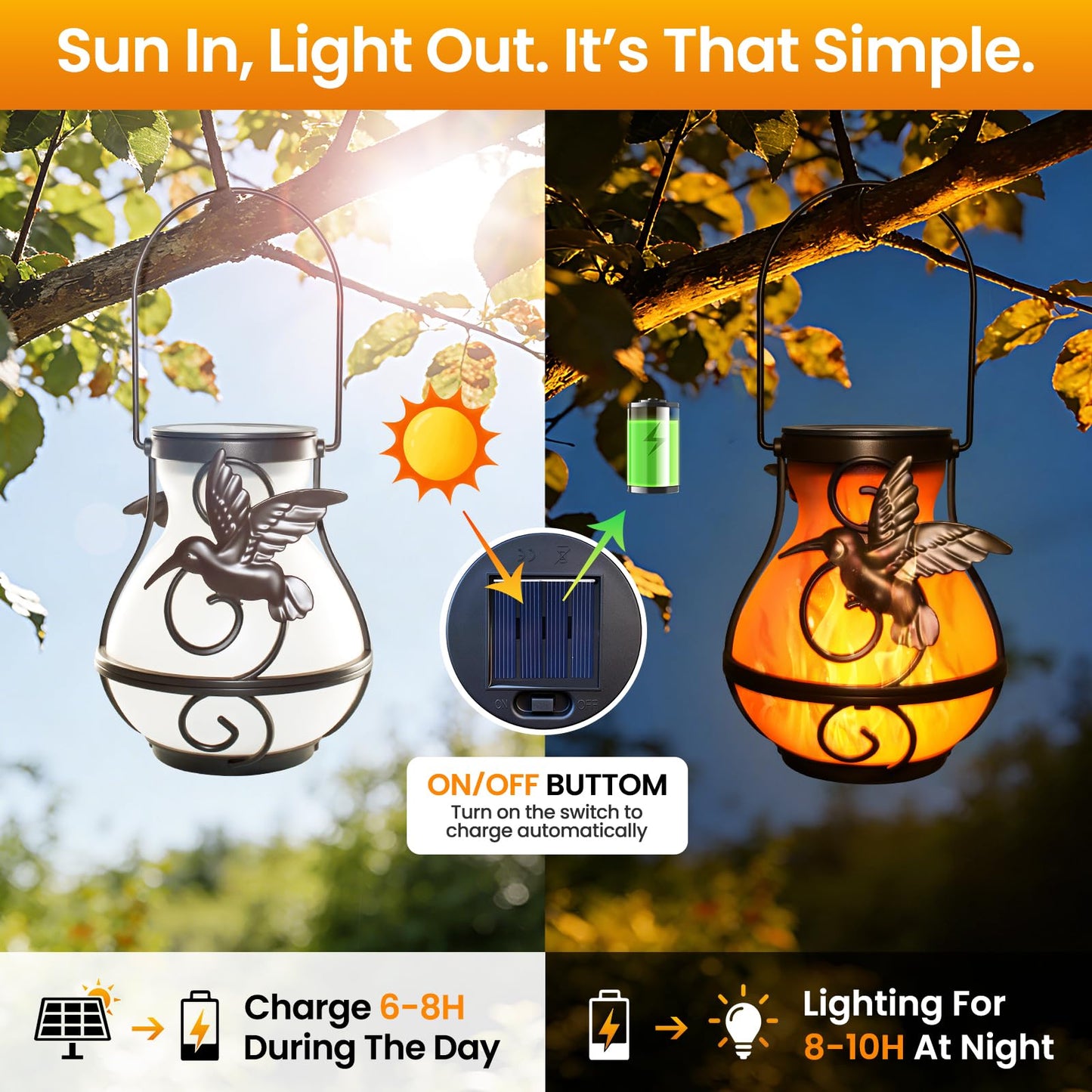 2 Pack Solar Lanterns Outdoor Waterproof, Plastic Flickering Flame Lights with Hummingbird Design, Hanging Solar Lantern for Patio, Porch & Garden Decoration, Gifts for Women, Mom