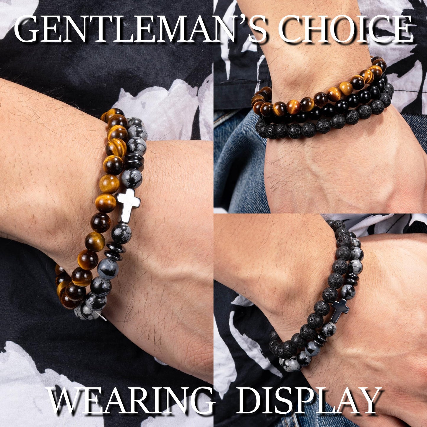Crystery Men Beaded Bracelets, 8mm Natural Stone Bracelet, Healing Crystal, Jewelry Gifts for men, Triple Protection, Snowflake, Tiger Eye, Black Obsidian Beads Bracelets, Lava Rock, Pack of 4