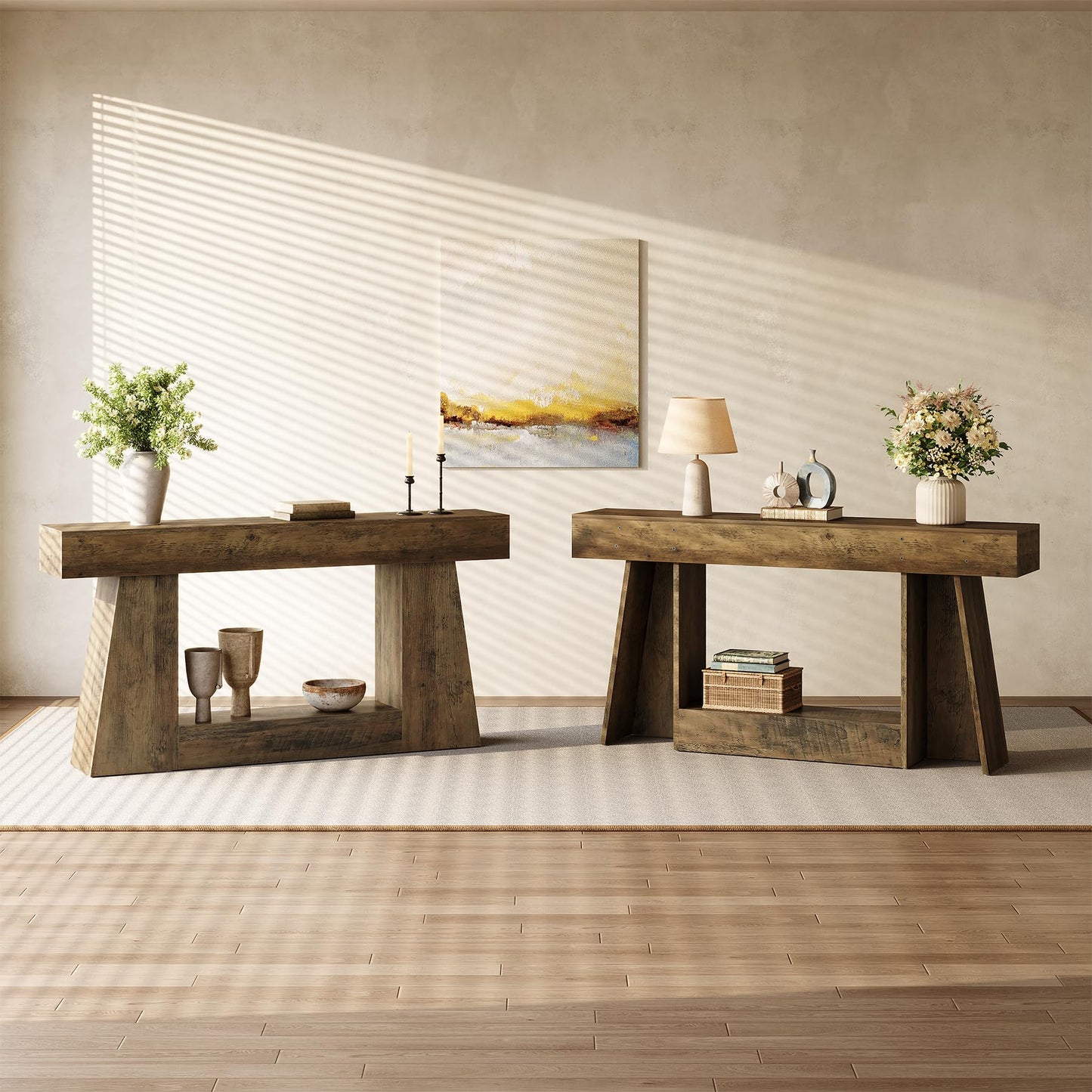 LITTLE TREE 63" Farmhouse Console Table with Storage, Rustic Sofa Table for Entryway, Narrow Long Sofa Table Behind Couch, Console Table for Living Room, Hallway—Versatile Storage Solution, Oak