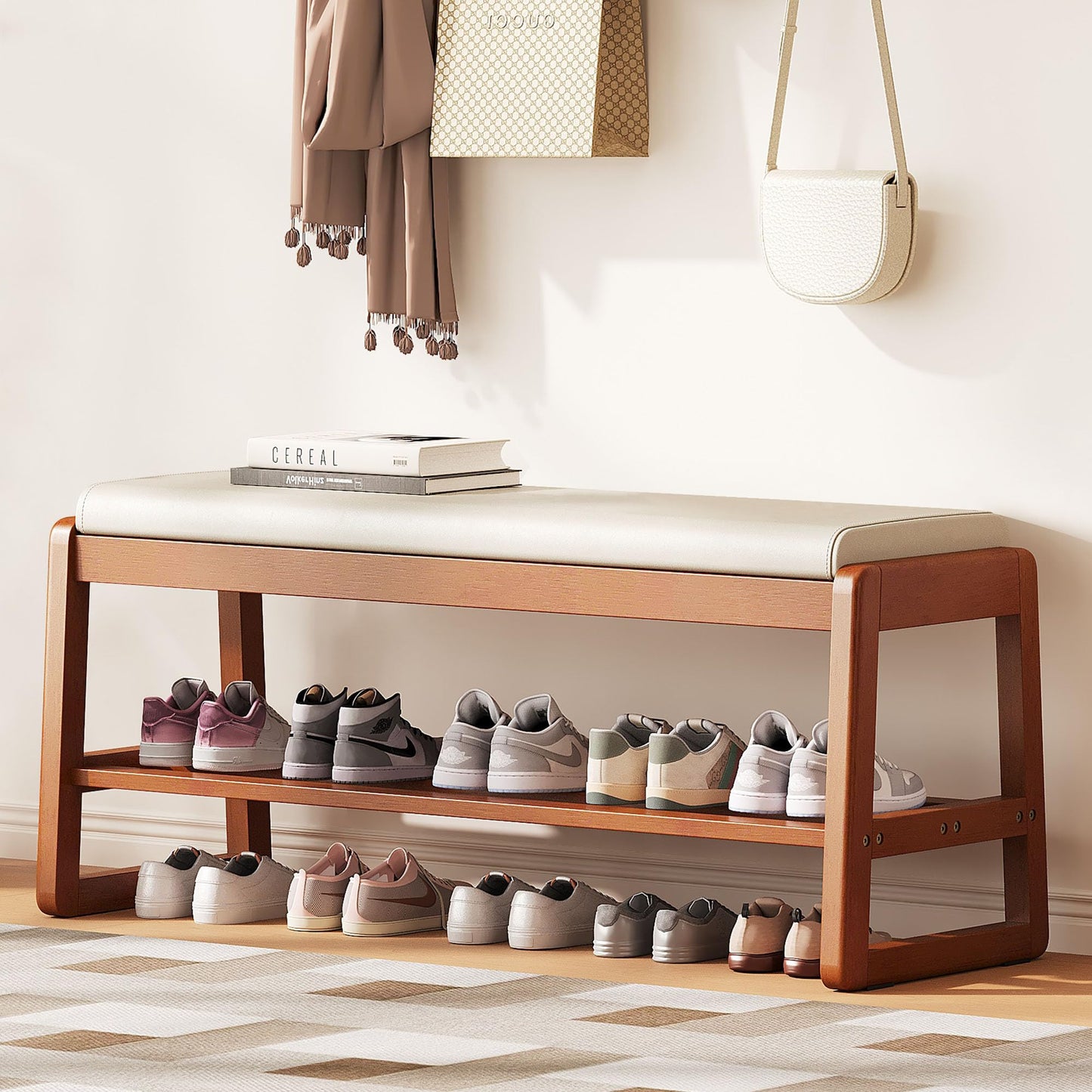 PETKABOO Shoe Bench Storage Rubberwood with Leather Cushion 39.4", Waterproof Easy to Clean 550LBS Organizer Shoe Rack for Entryway, Hallway, Mudroom, Front Door