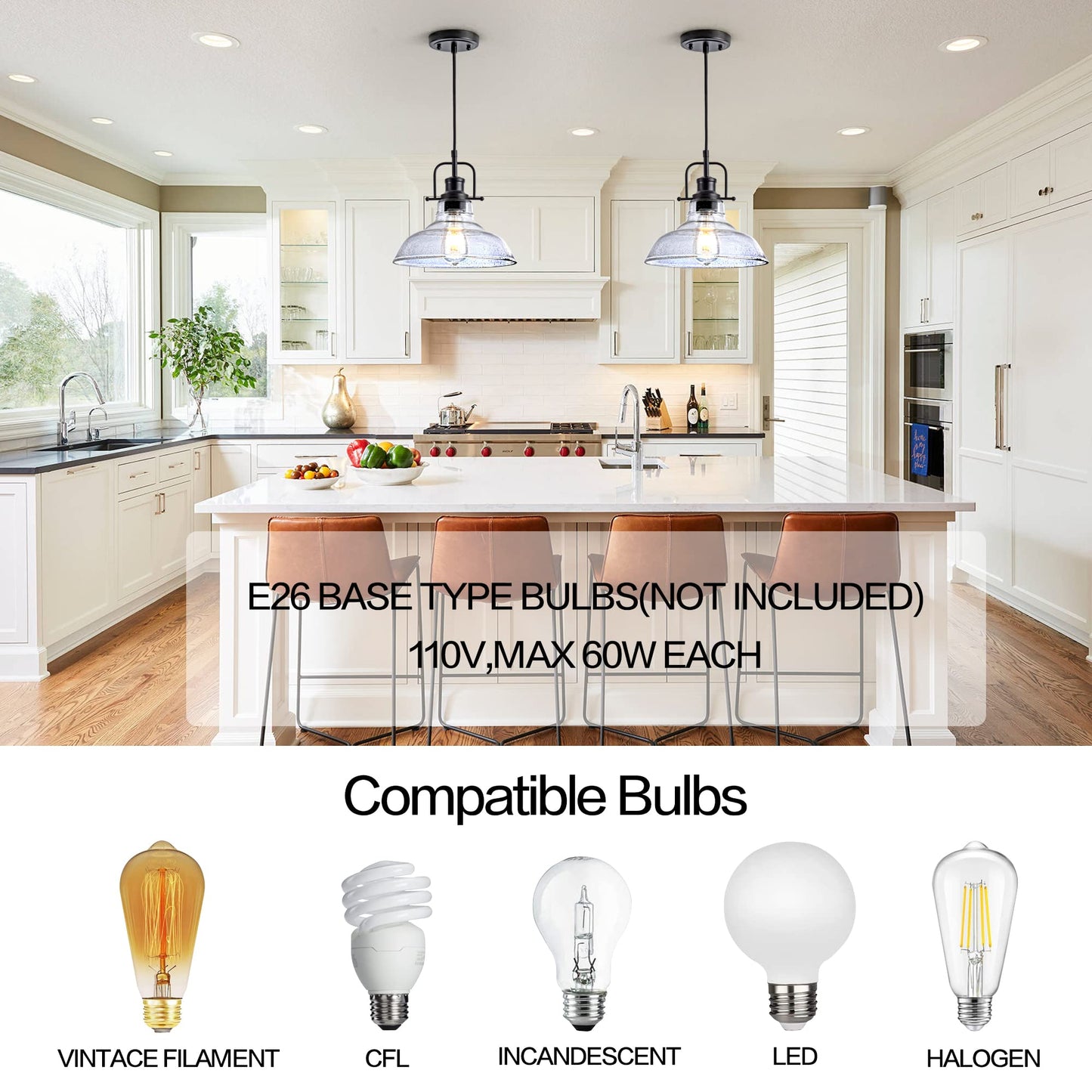 Zlepmlla Glass Pendant Light，Black Pendant Light Fixtures with Seeded Glass Shade, Adjustable Height Hanging Lights for Hallway, Kitchen Island, Dinning Room（Bulb not Included）