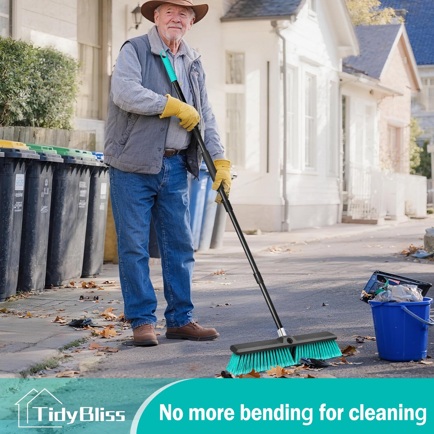 TidyBliss 18” Push Broom Outdoor Heavy Duty, Large Commercial Stiff Bristle Brush with 63 inches Long Handle for Garage Shop Garden Yard Patio Deck Street Warehouse Lawn Driveway (Green)
