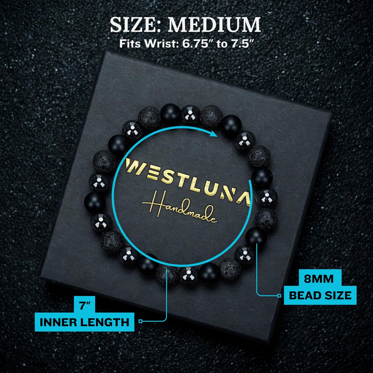 WestLuna Beaded Bracelets for Men - Black Obsidian Hematite Lava Stone Triple Protection Bracelets 8MM Natural Stone Cross Bracelet for Men (Medium)