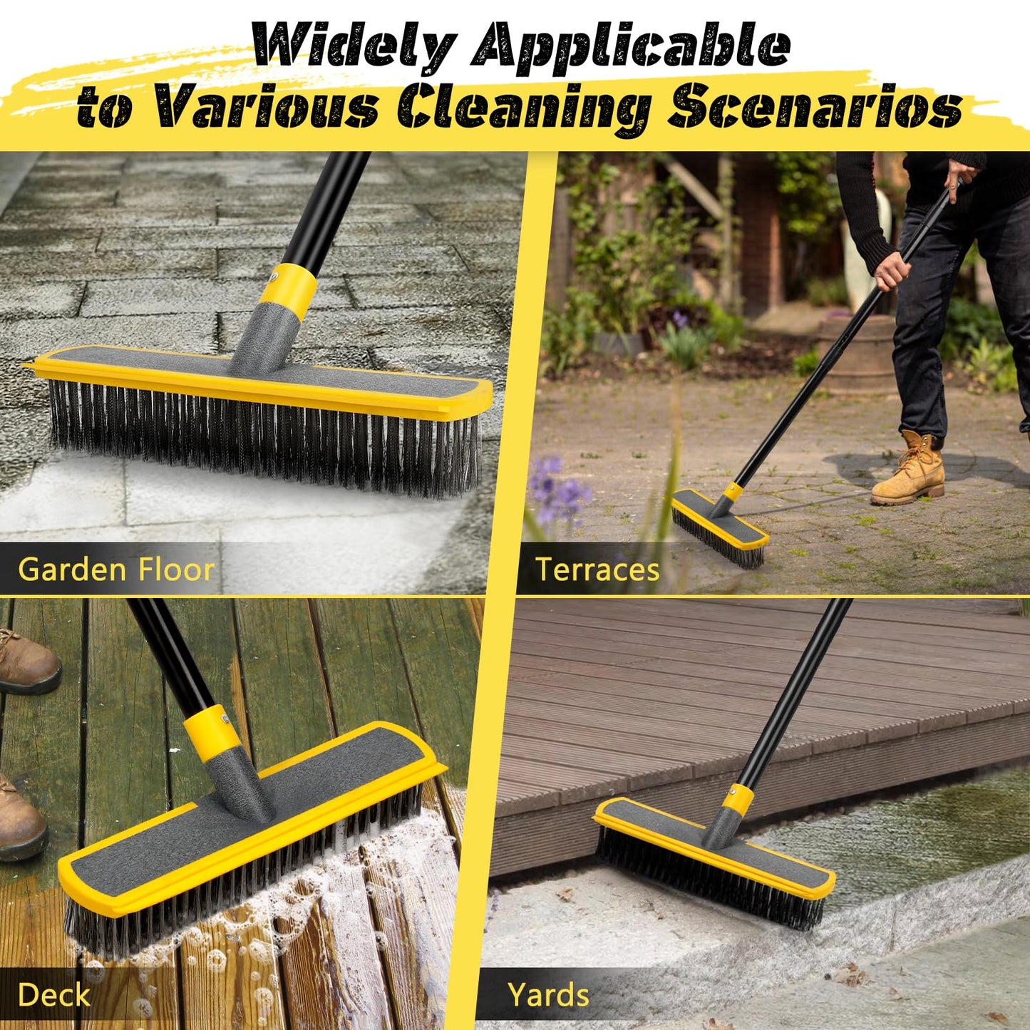 Heavy Duty Broom Wire Floor Scrub Brush with Long Handle, 2 in 1 Scrape and Stainless Steel Bristle Brooms Scrubber for Deck Concrete Patio Outdoor Moss Removal